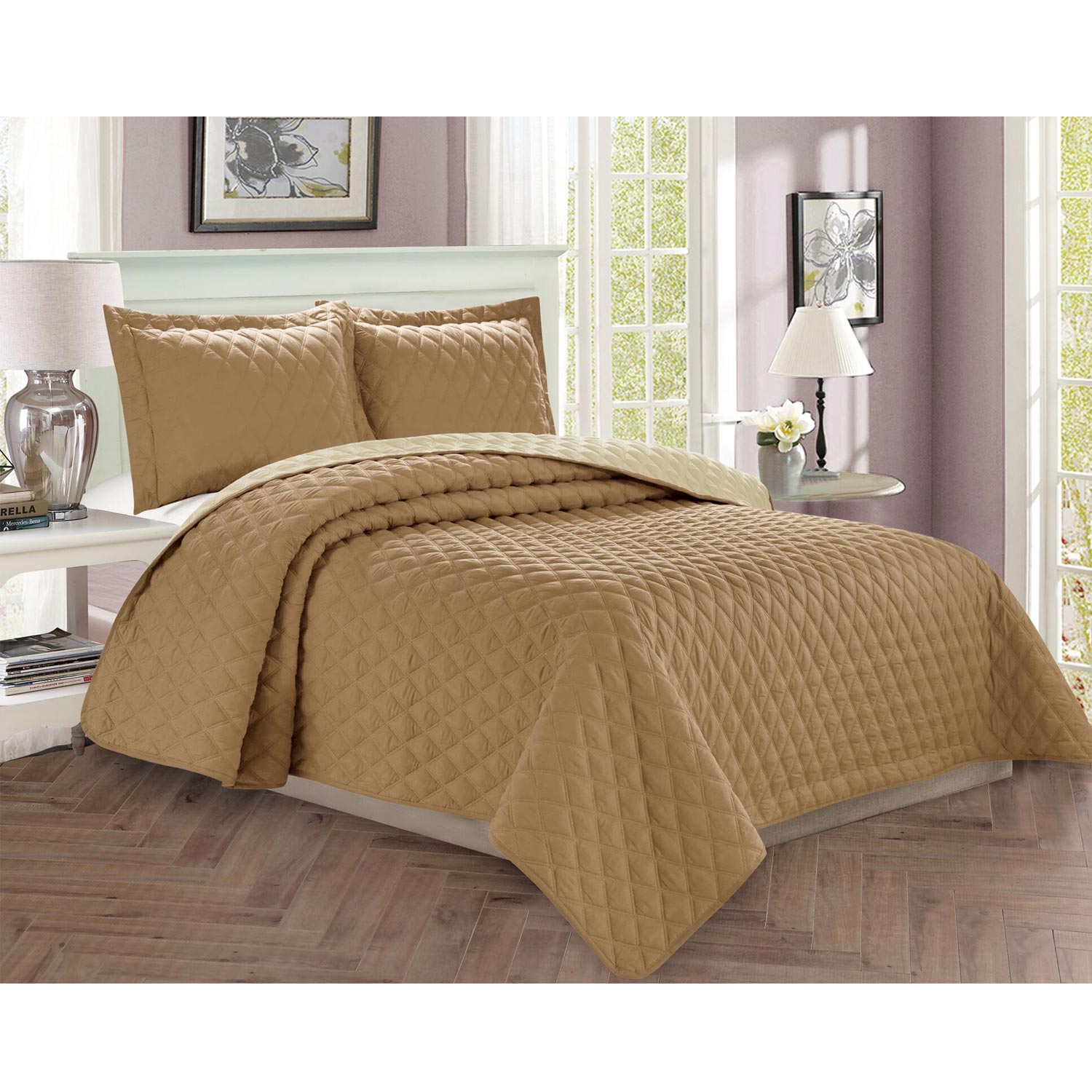 3-Piece Bedspread Coverlet Diamond Design Quilted Set