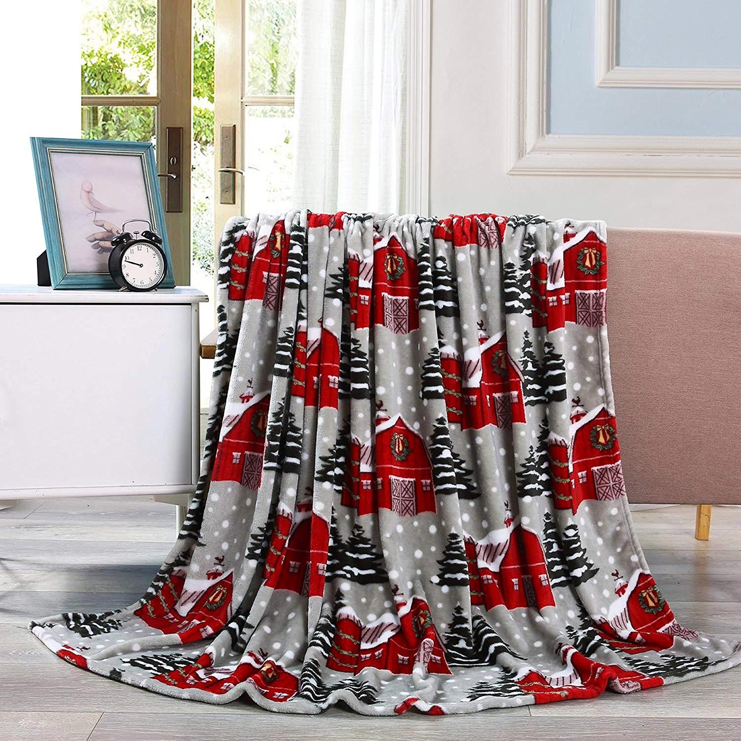 Solid Velour Christmas Holiday Printed Fleece Blanket