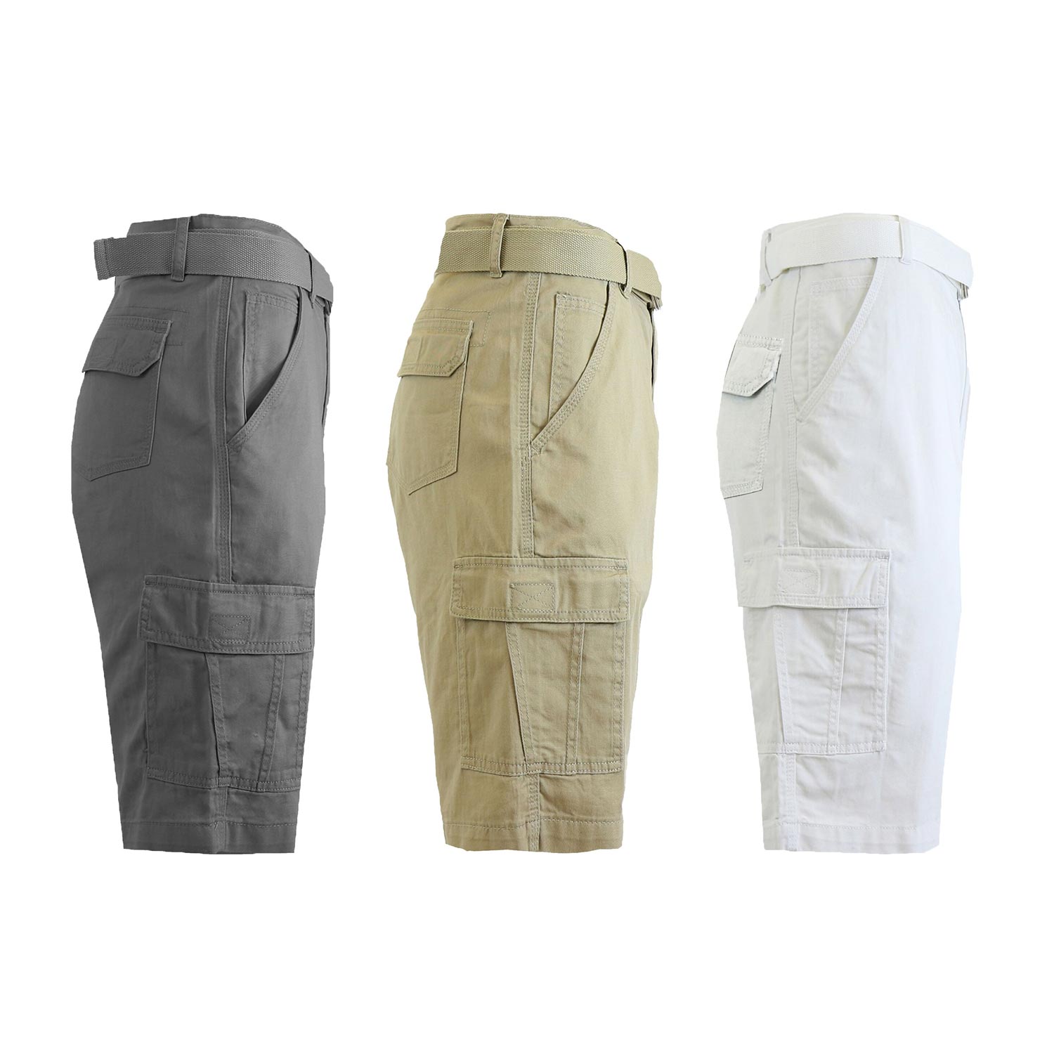 3 Pack Men's Belted Cotton Cargo Shorts