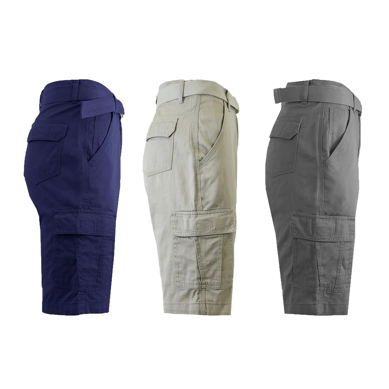 3 Pack Men's Belted Cotton Cargo Shorts