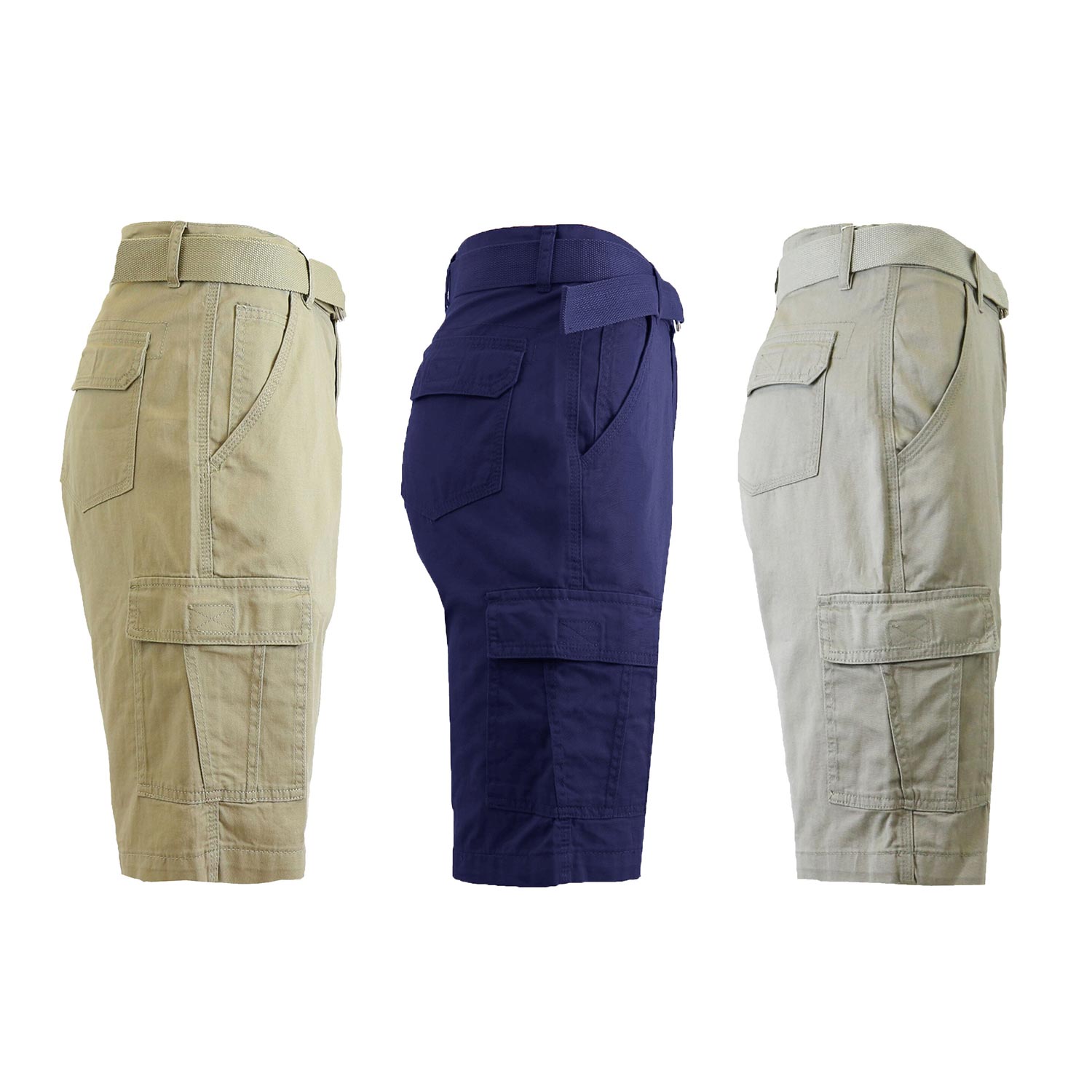 3 Pack Men's Belted Cotton Cargo Shorts