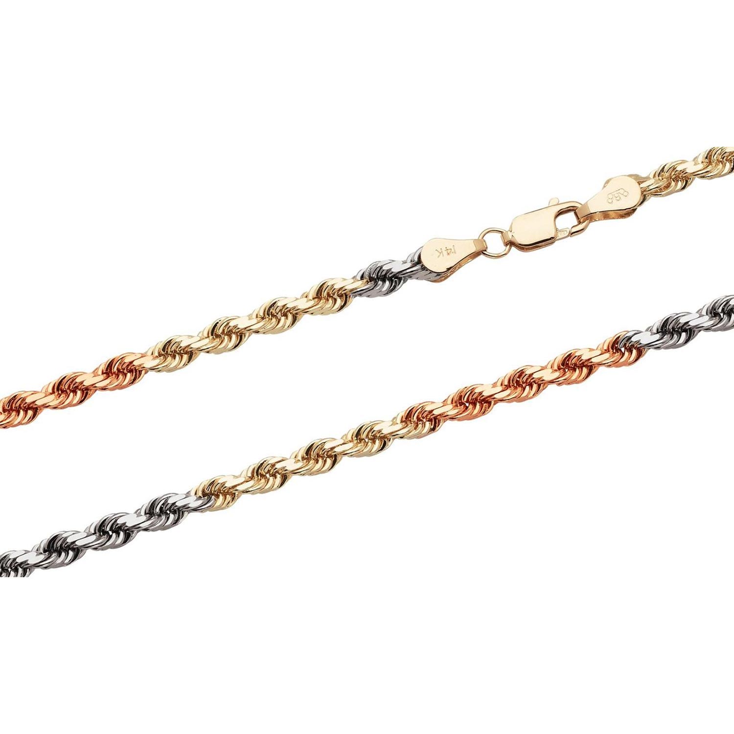 Italian 14K Tri-color Gold 4MM Diamond Cut Rope Chain Necklace