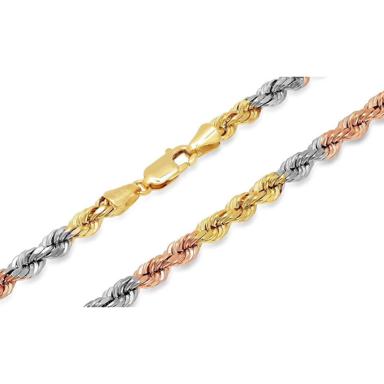 Italian 14K Tri-color Gold 4MM Diamond Cut Rope Chain Necklace