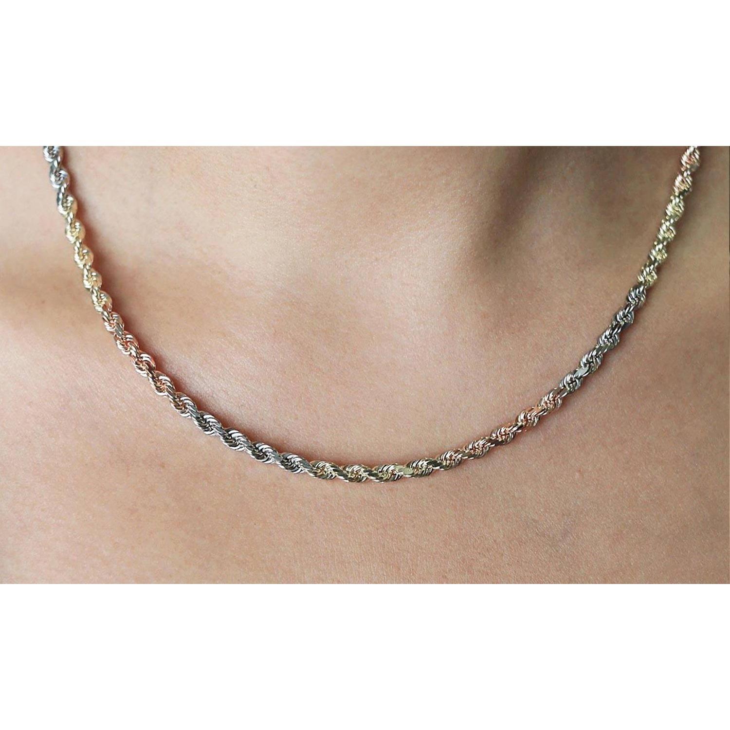 Italian 14K Tri-color Gold 4MM Diamond Cut Rope Chain Necklace