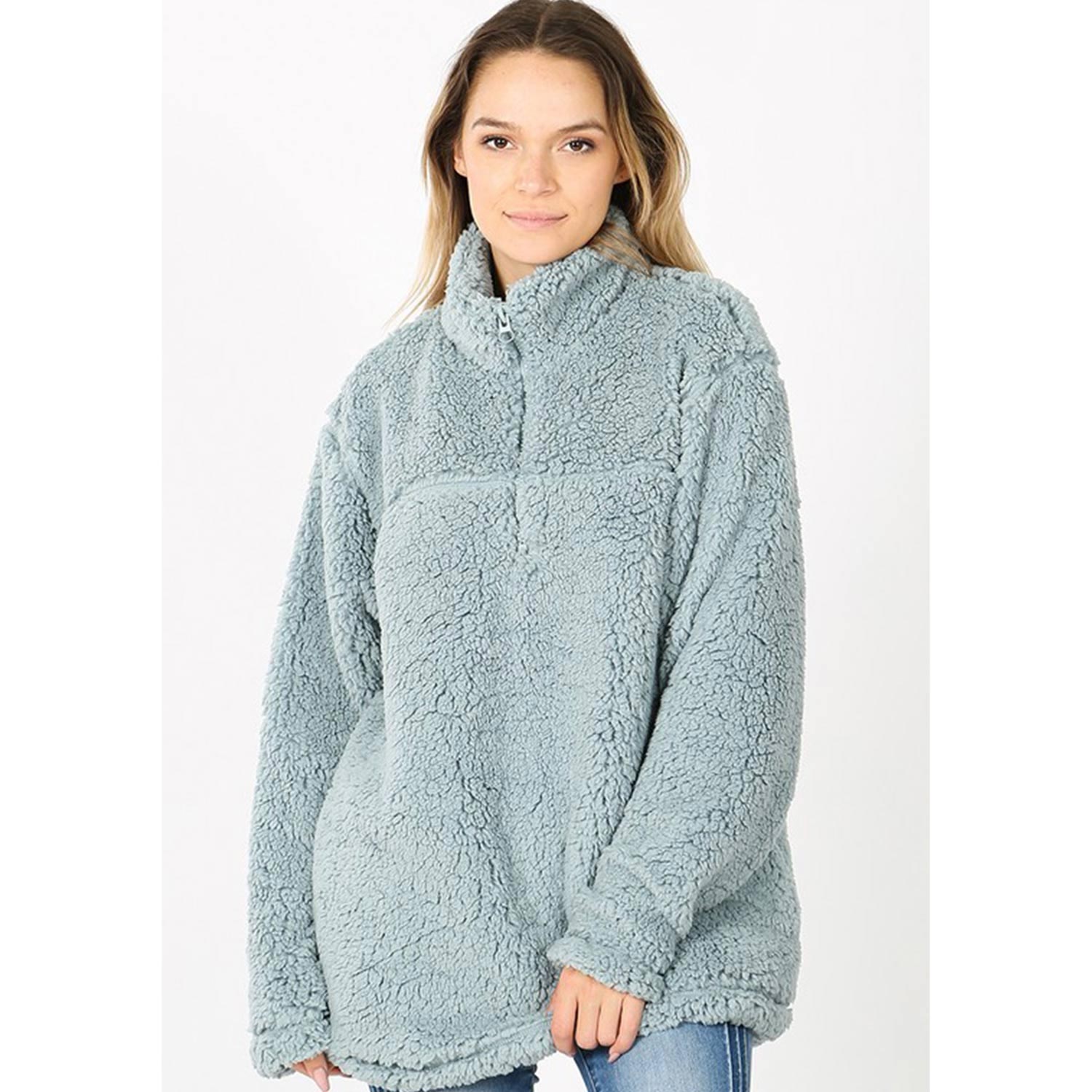 Solid Soft Sherpa Pullover Zip-Up Neck Pockets