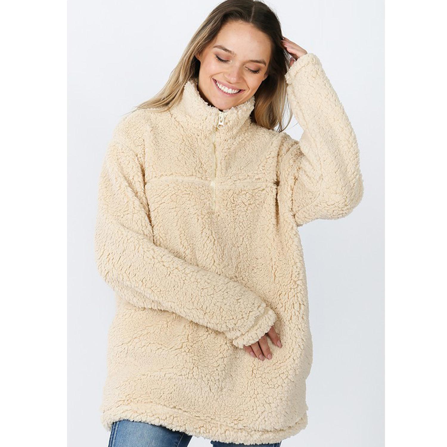 Solid Soft Sherpa Pullover Zip-Up Neck Pockets