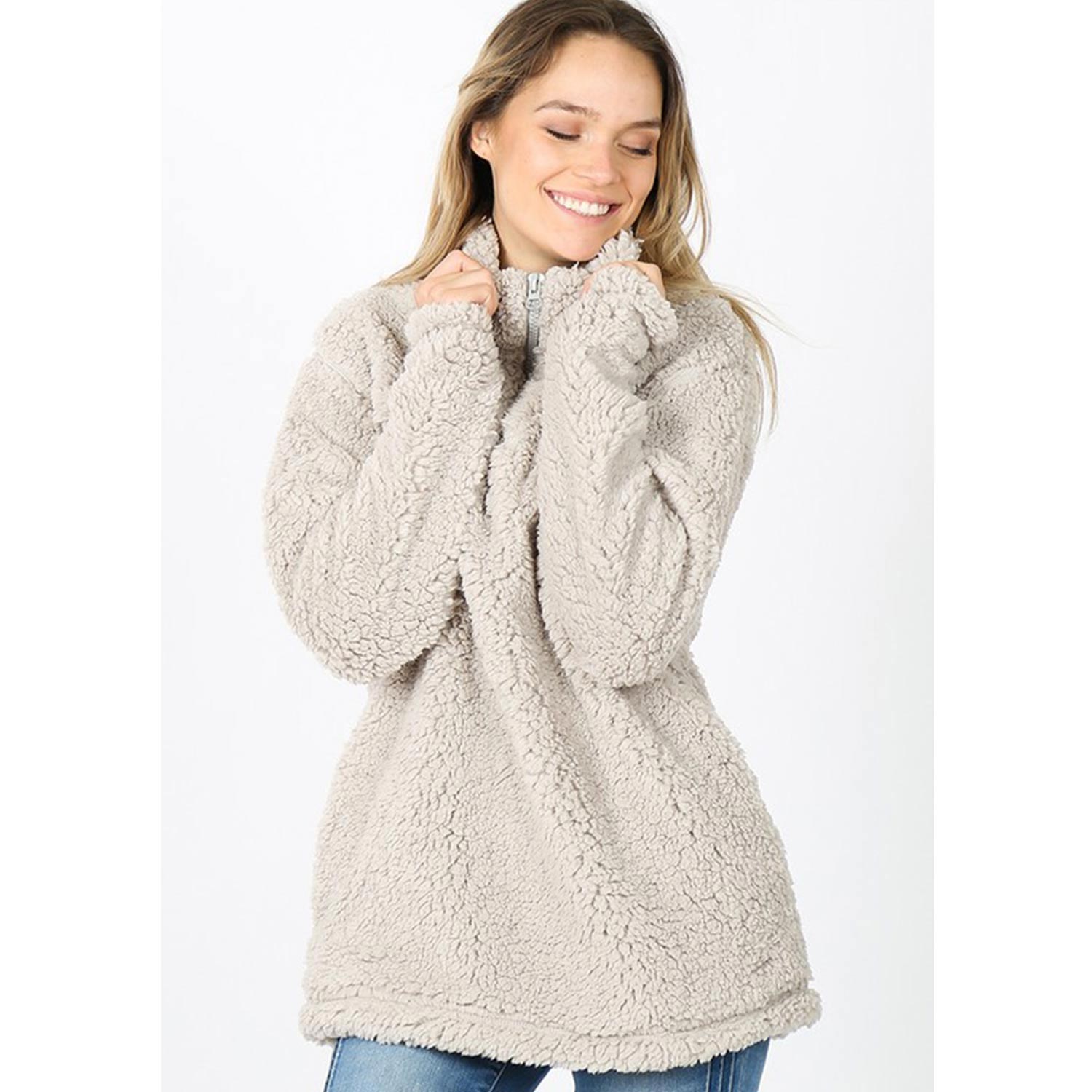 Solid Soft Sherpa Pullover Zip-Up Neck Pockets