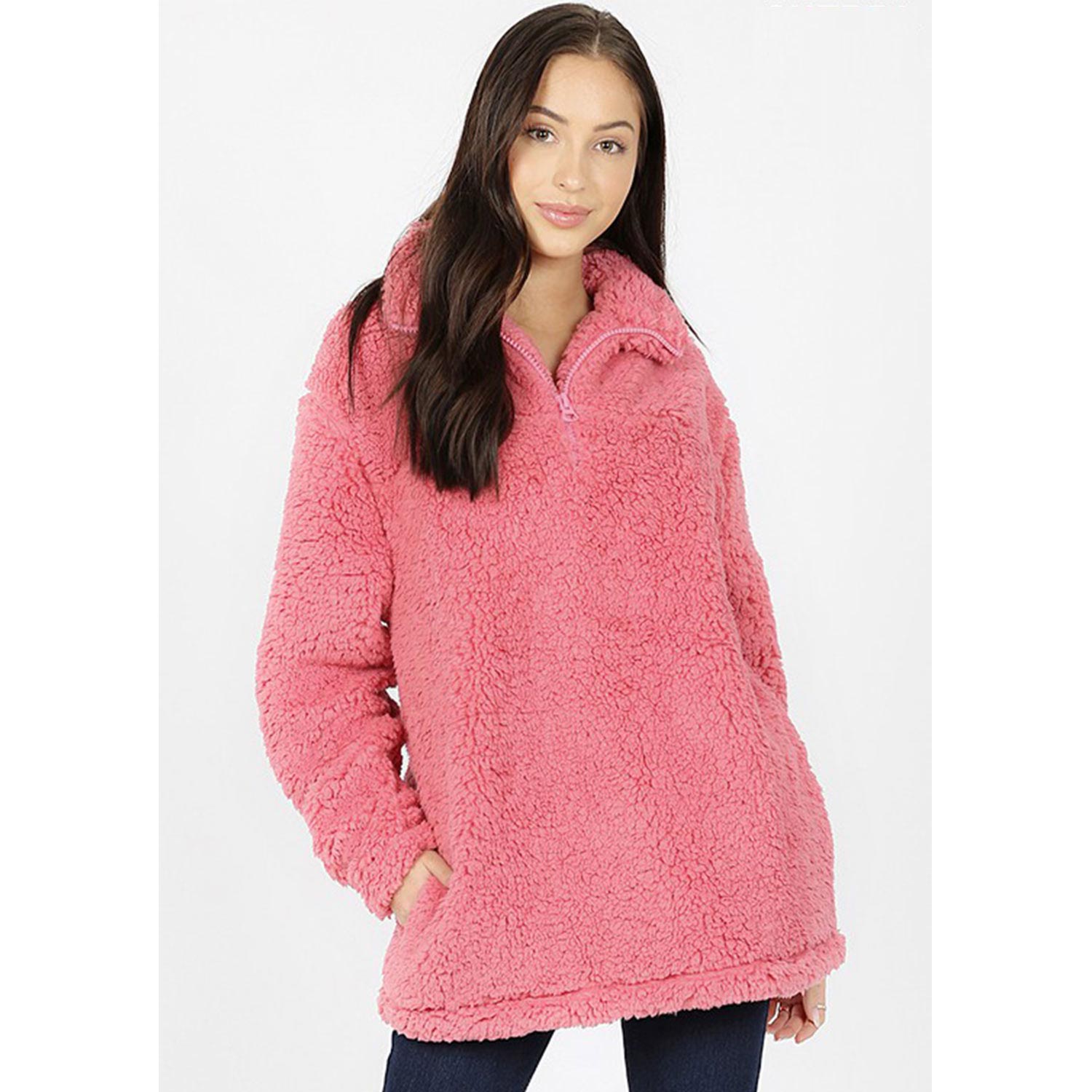 Solid Soft Sherpa Pullover Zip-Up Neck Pockets