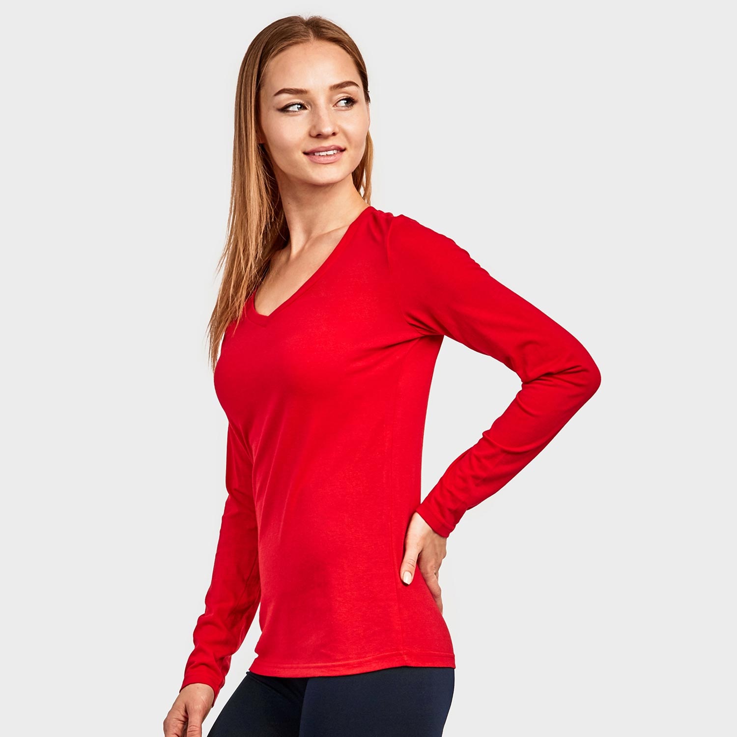 3 Pack Ladies Long Sleeve V-Neck T-Shirt