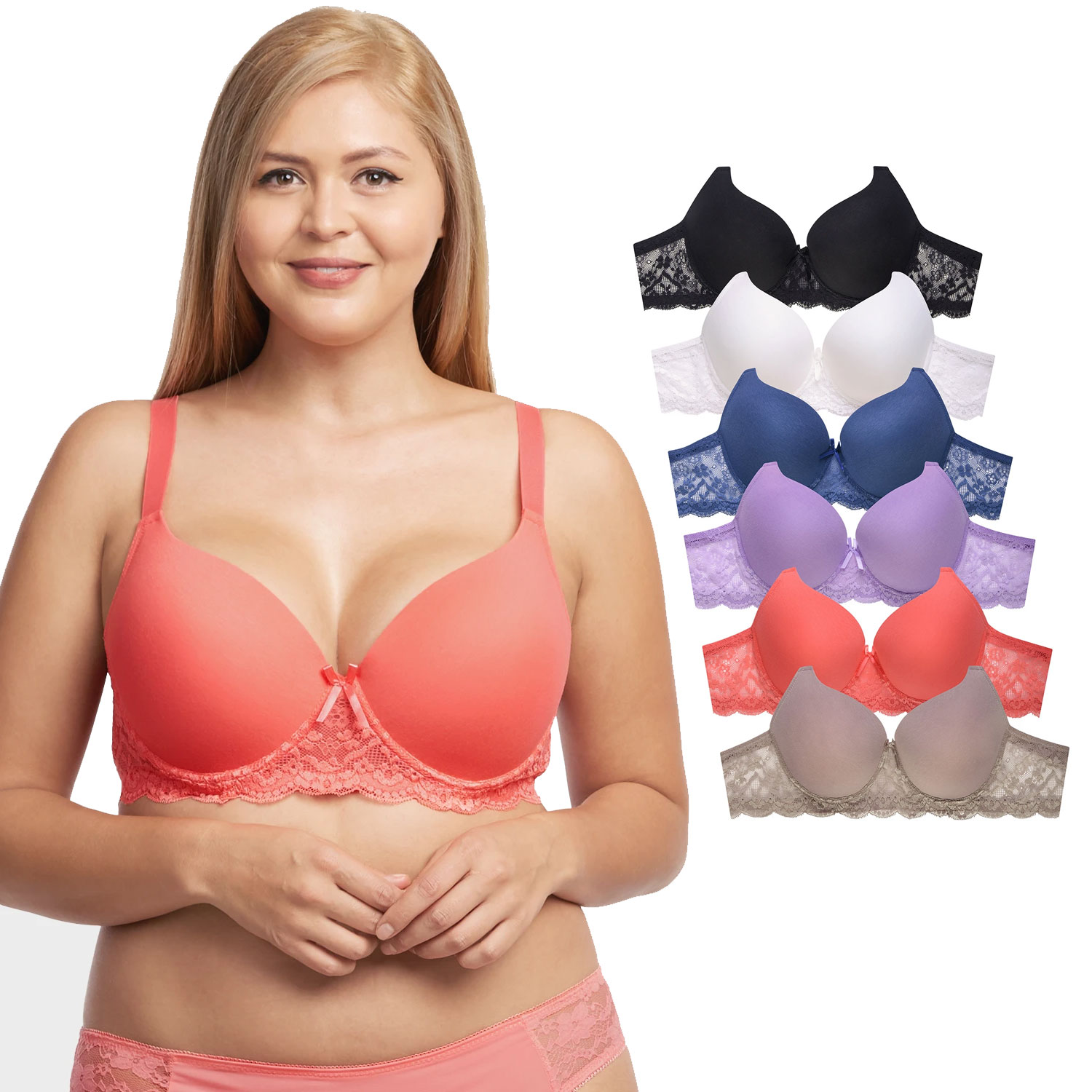 6 Pack Ladies Full Cup Plain Lace Cotton D Cup Bra