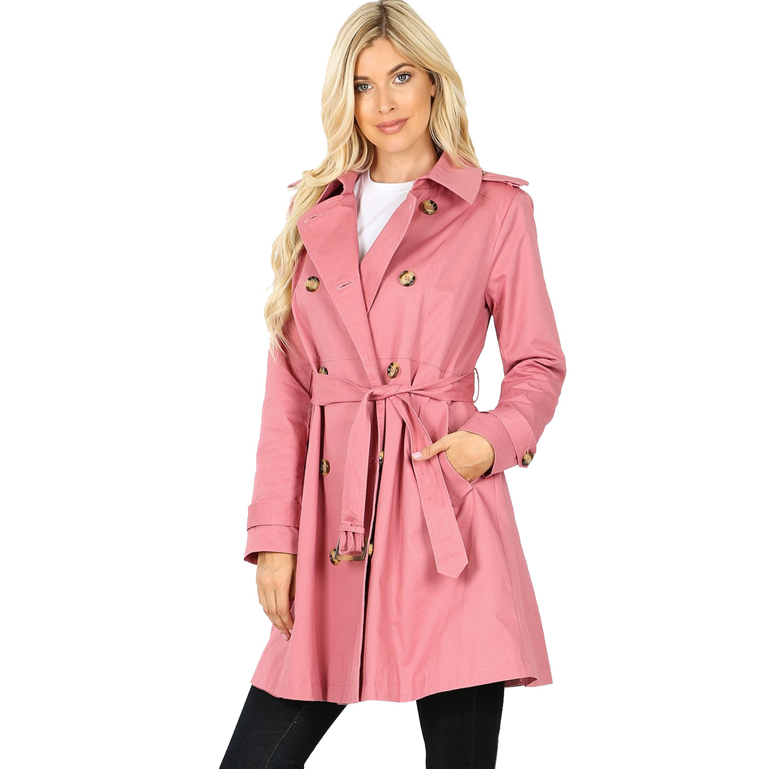 Double Breasted Thigh Length Trench Coat