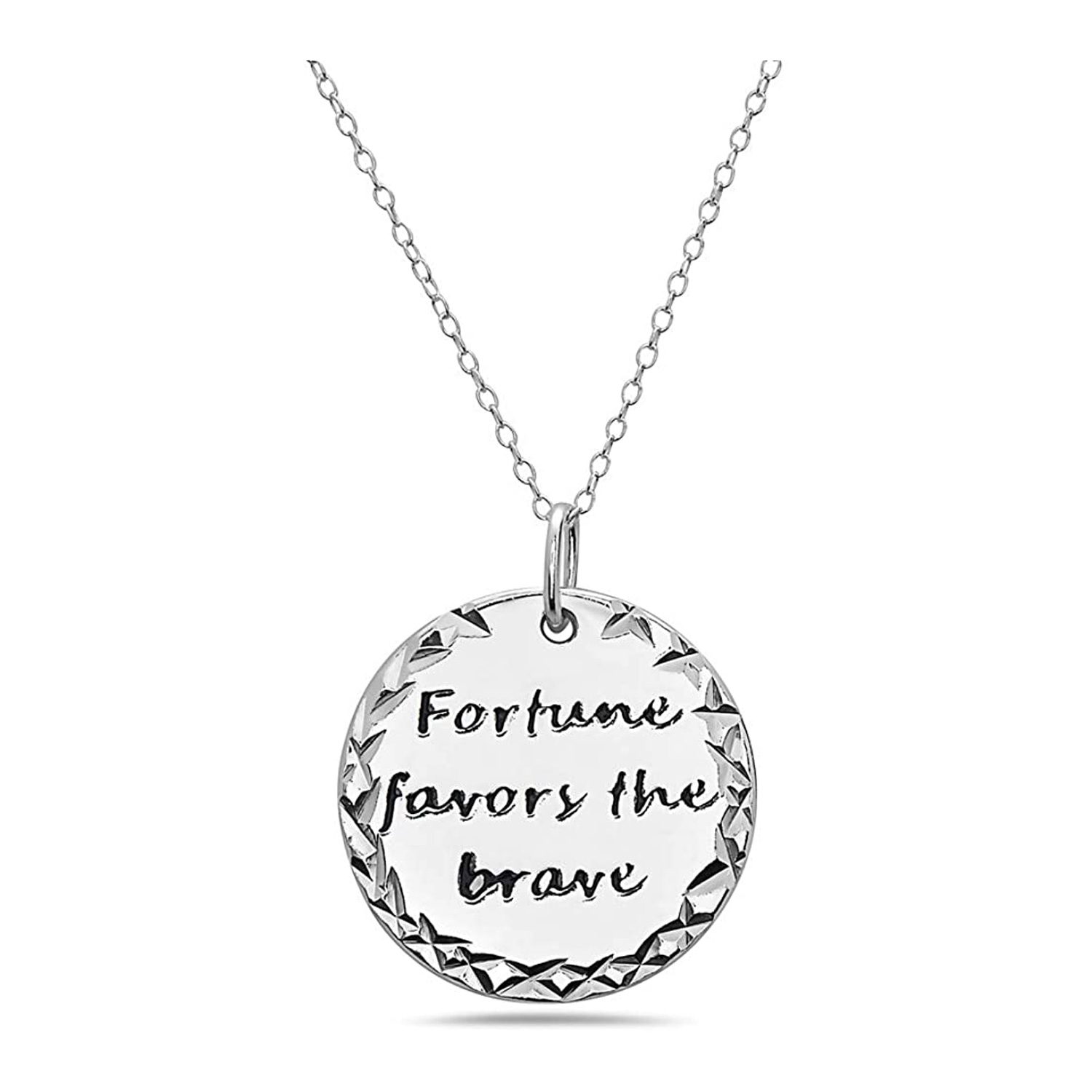 Sterling Silver Fortune Favors The Brave Inspirational Saying Pendant Necklace