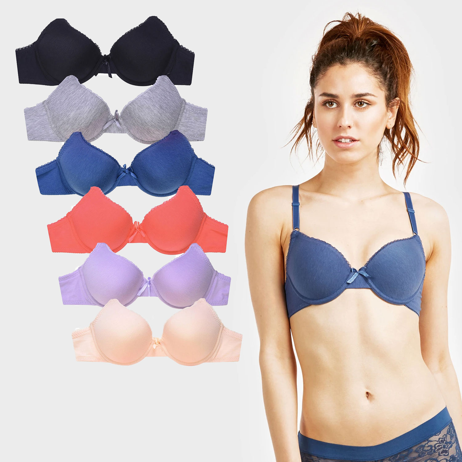  Ladies Full Cup Plain Bra W/ Lace Trim At Neckline 6 Pack