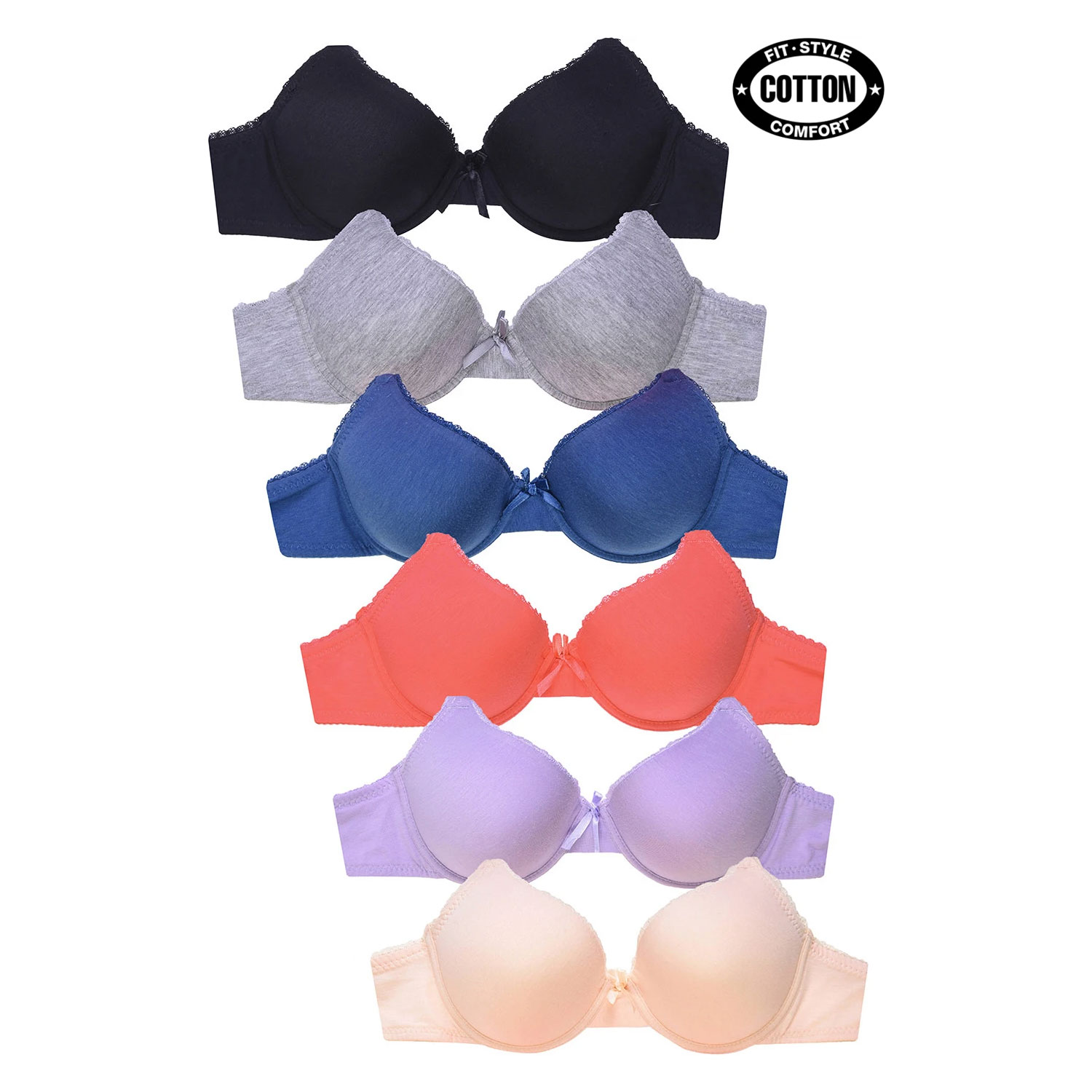  Ladies Full Cup Plain Bra W/ Lace Trim At Neckline 6 Pack