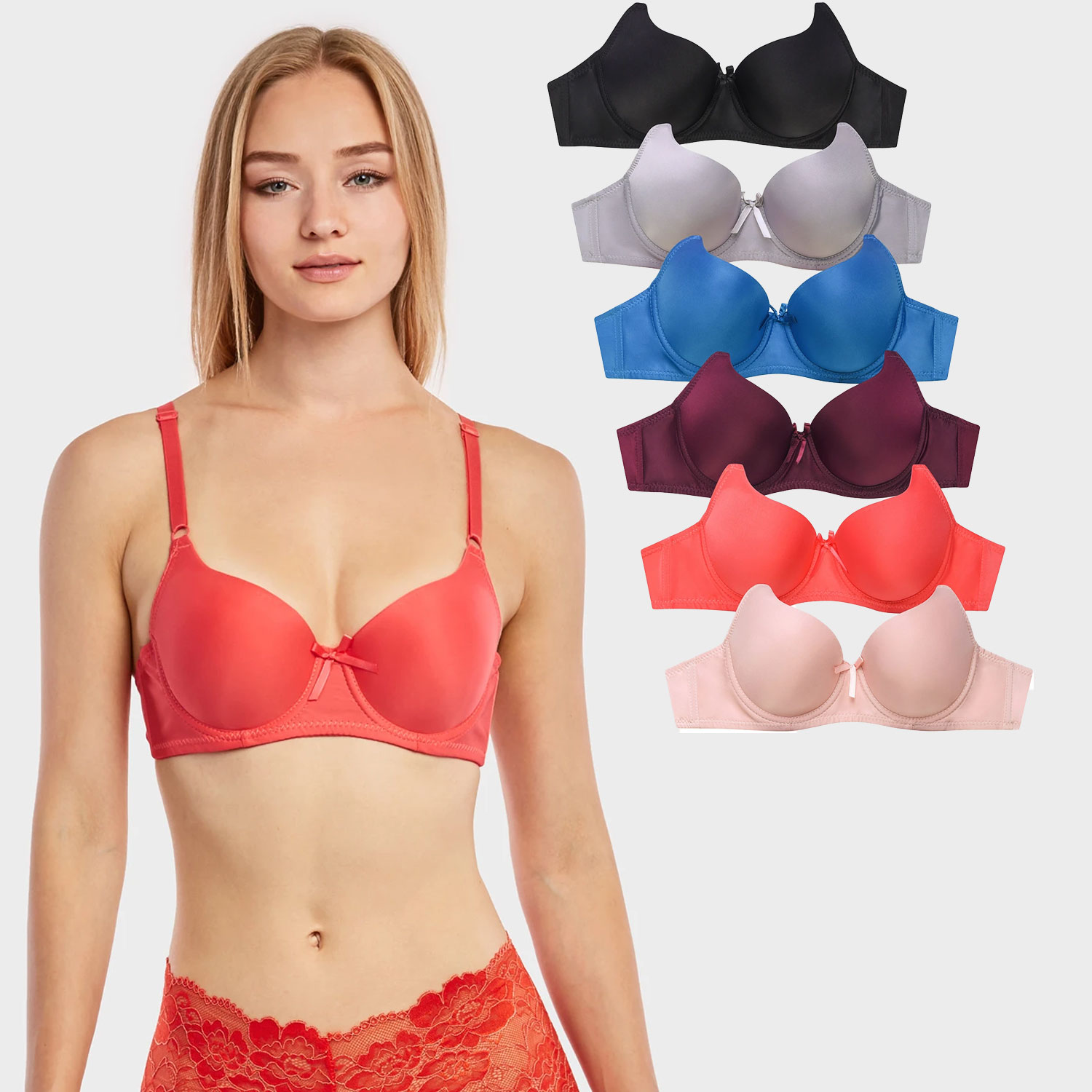  Ladies Full Cup Plain Bra W/ Lace Trim At Neckline 6 Pack