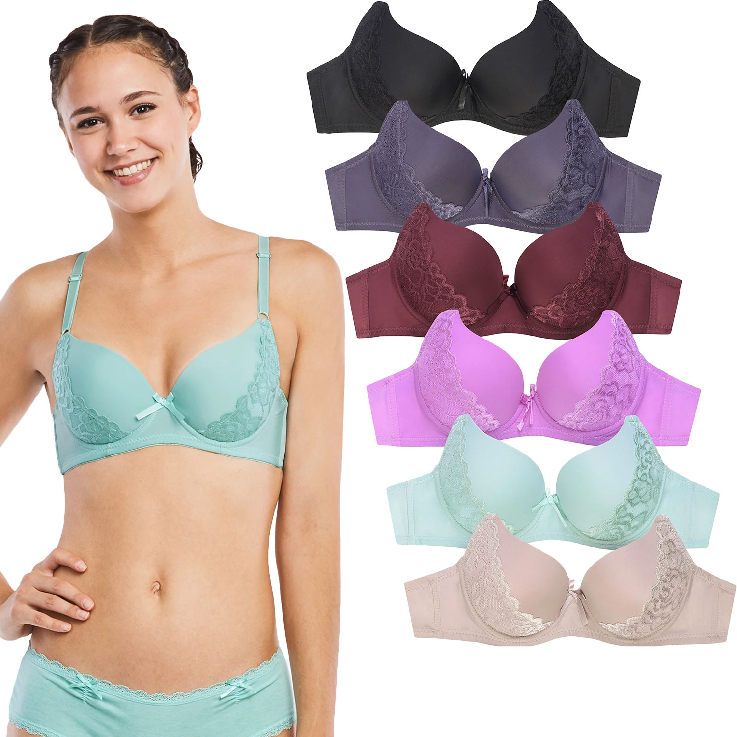 6 Pack Ladies Full Cup Plain Lace Bra