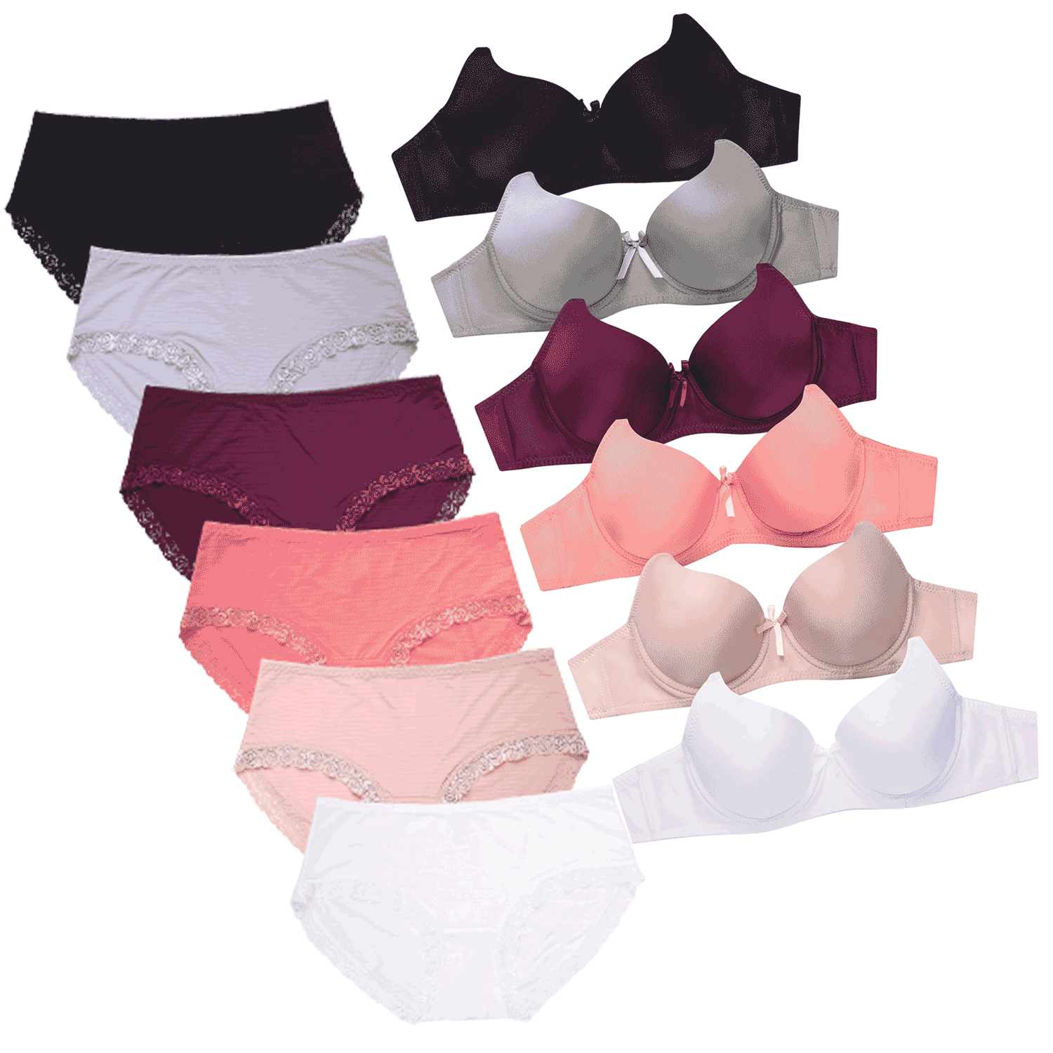 6 Pack Set Full Cup Plain Bra And Bikini Nylon Panty