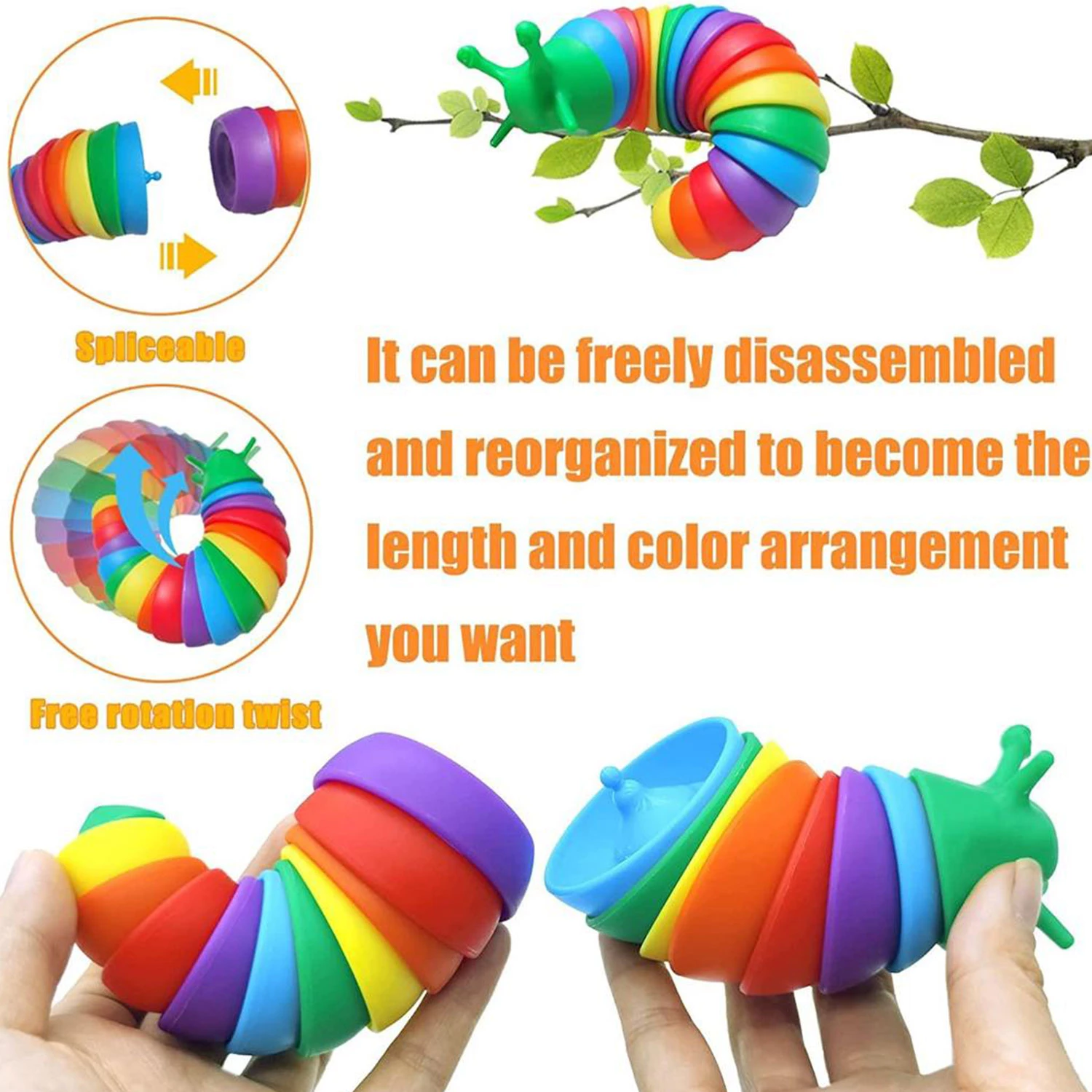 Assorted Multipack Rainbow Fidget Caterpillar Slug 3D Printed Toy