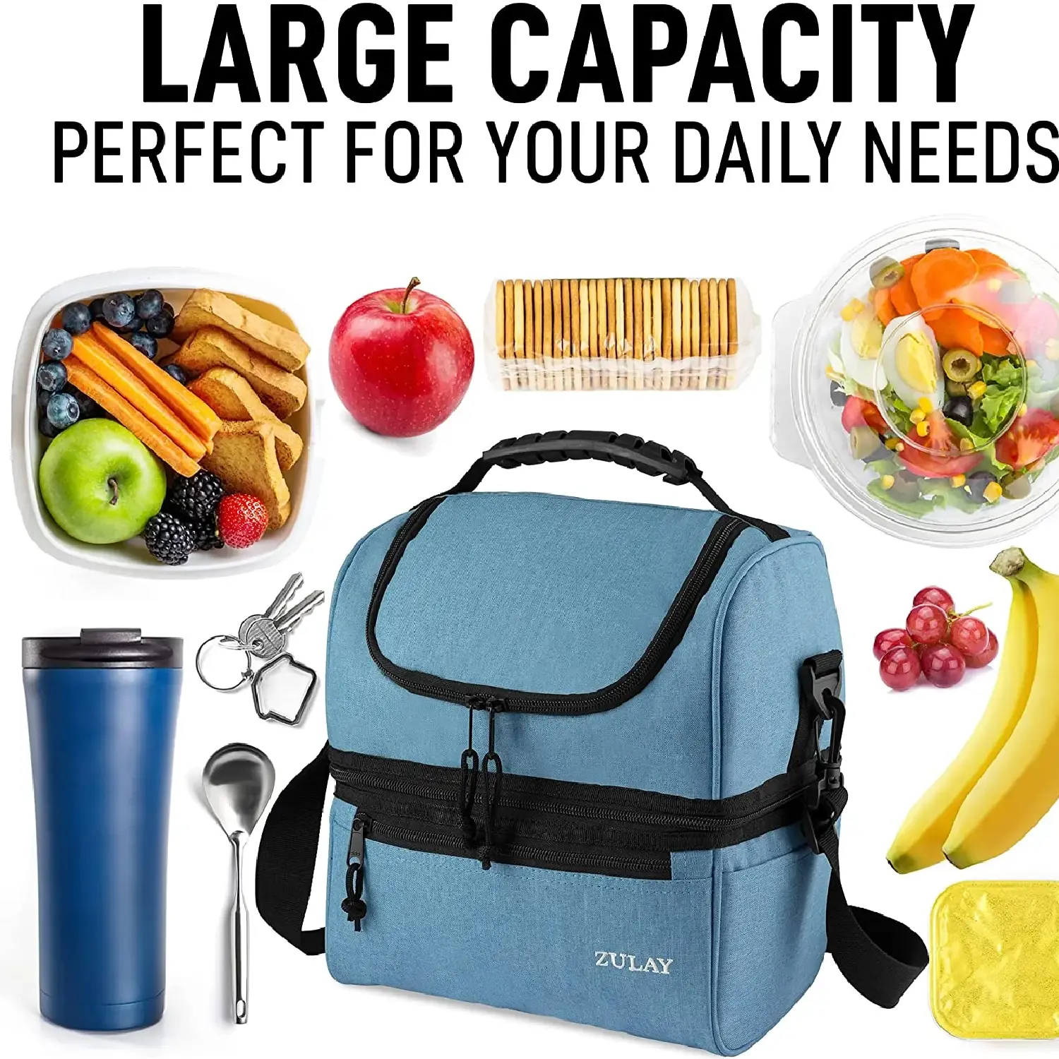 Insulated 2-Compartment Lunch Box Bag With Strap