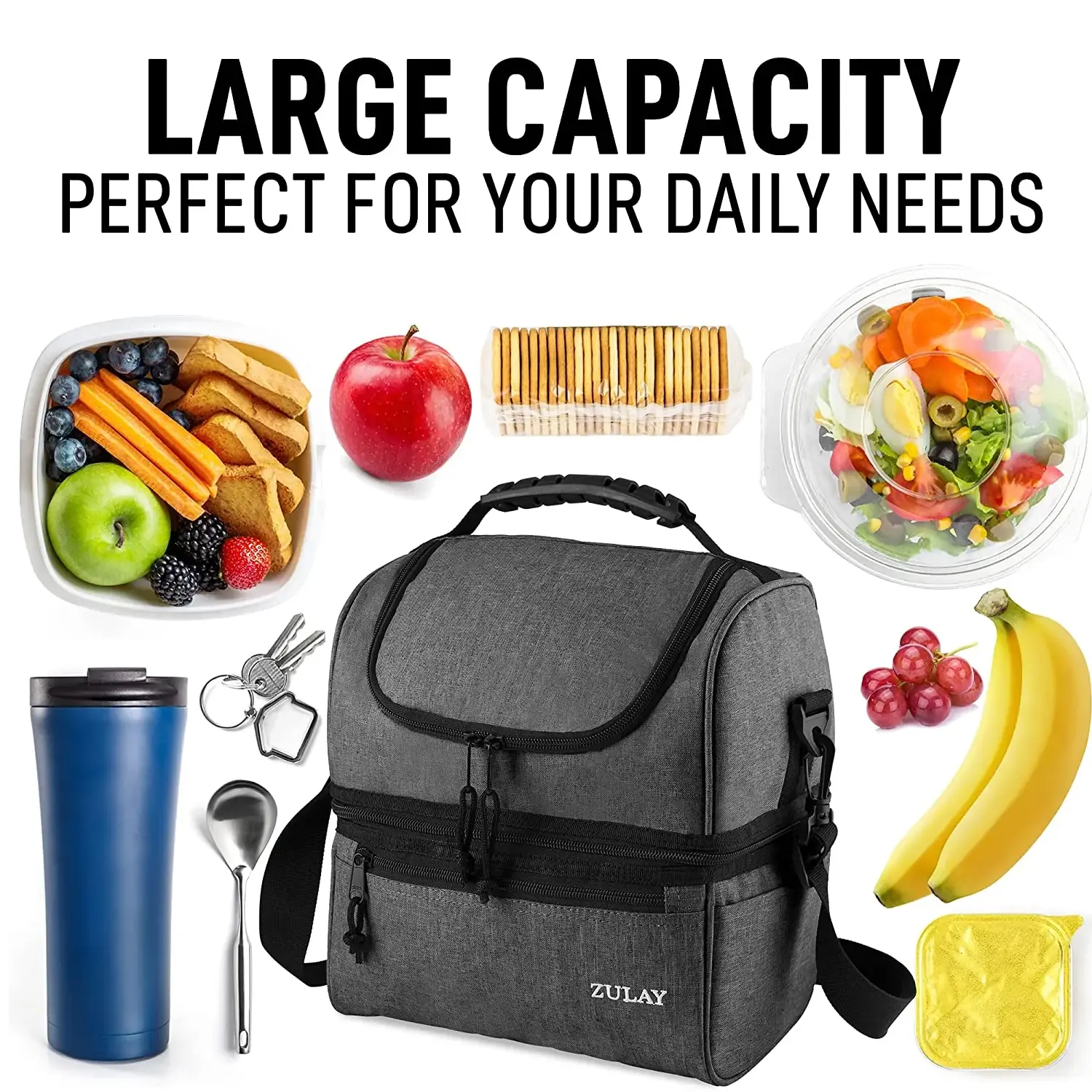 Insulated 2-Compartment Lunch Box Bag With Strap