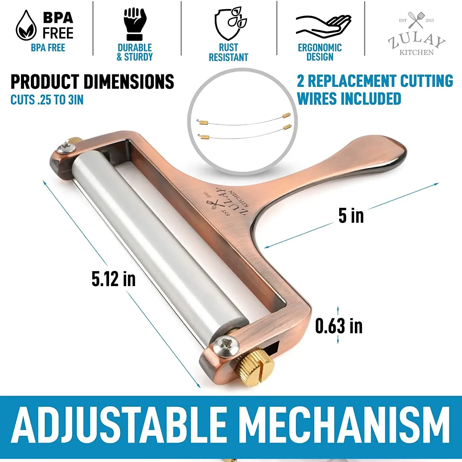 Wire Cheese Slicer With Adjustable Thickness For Soft & Semi-Hard Cheeses - 2 Extra Wires Included