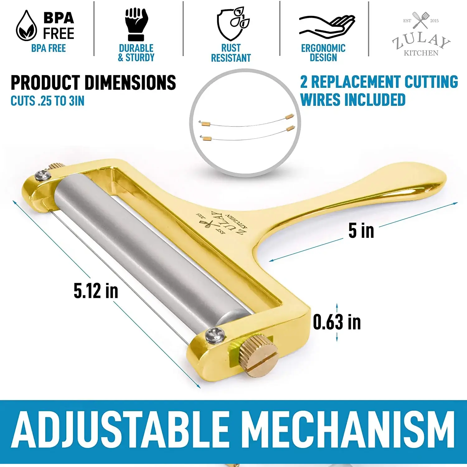 Wire Cheese Slicer With Adjustable Thickness For Soft & Semi-Hard Cheeses - 2 Extra Wires Included