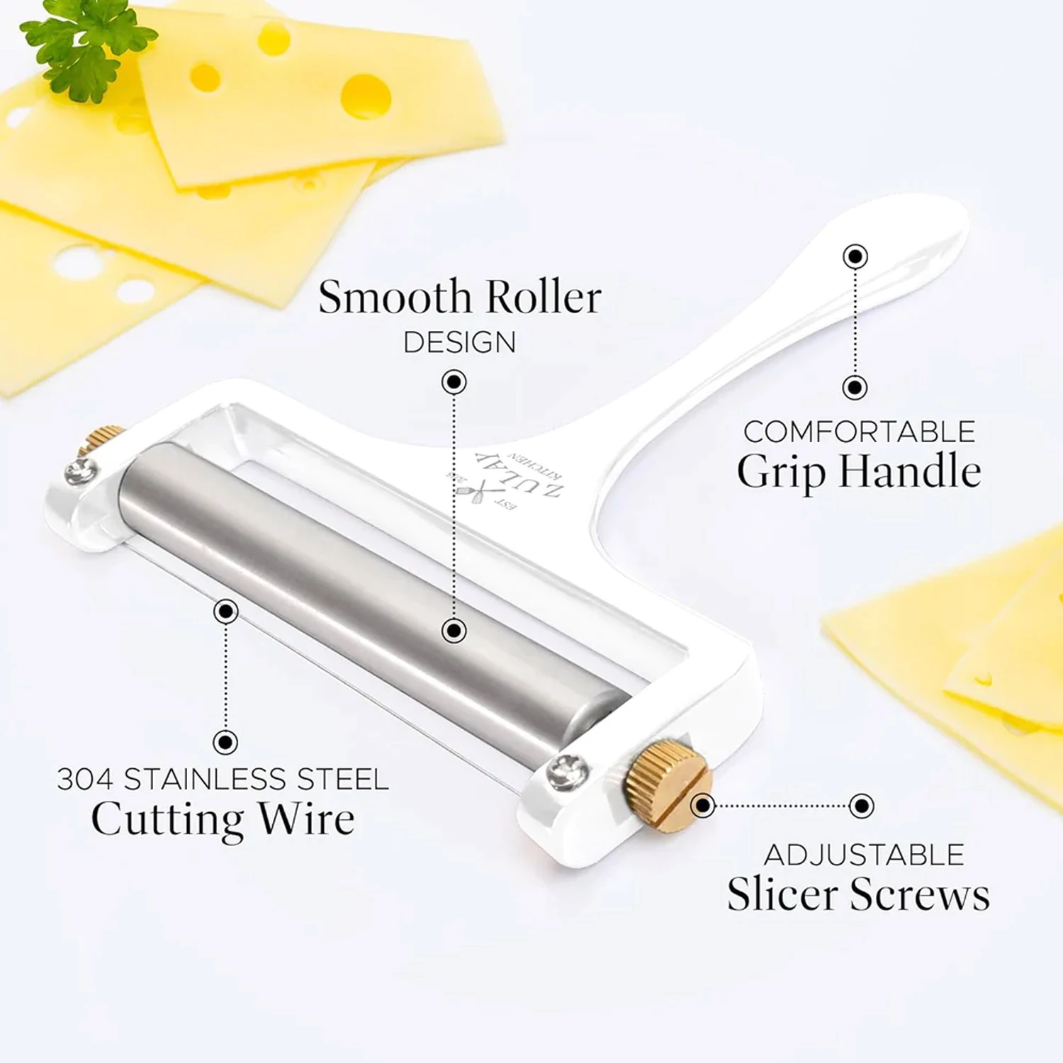 Wire Cheese Slicer With Adjustable Thickness For Soft & Semi-Hard Cheeses - 2 Extra Wires Included