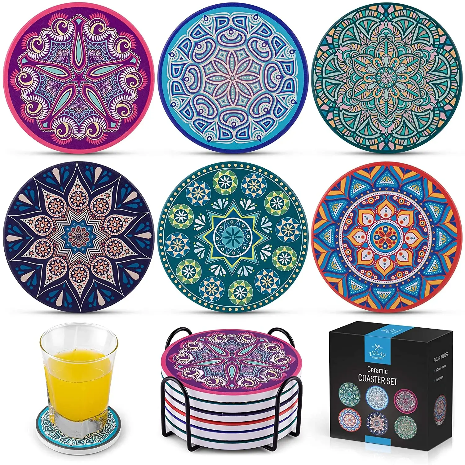 Mandala Coasters With Holder & Cork Base - Set Of 6