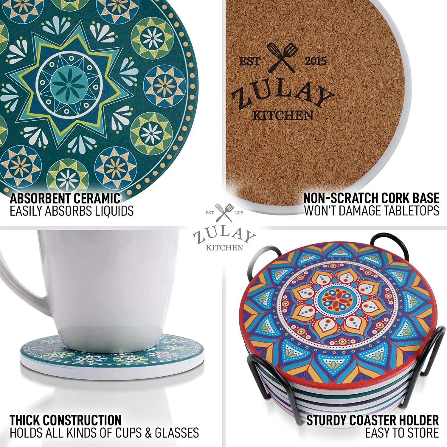 Mandala Coasters With Holder & Cork Base - Set Of 6