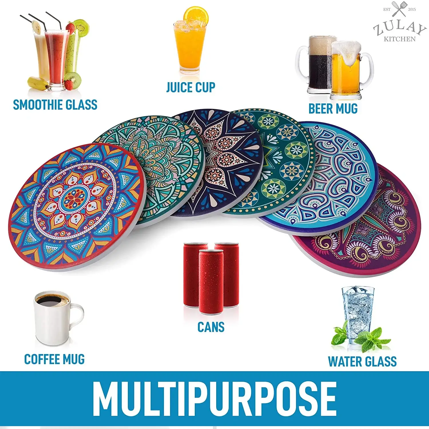 Mandala Coasters With Holder & Cork Base - Set Of 6