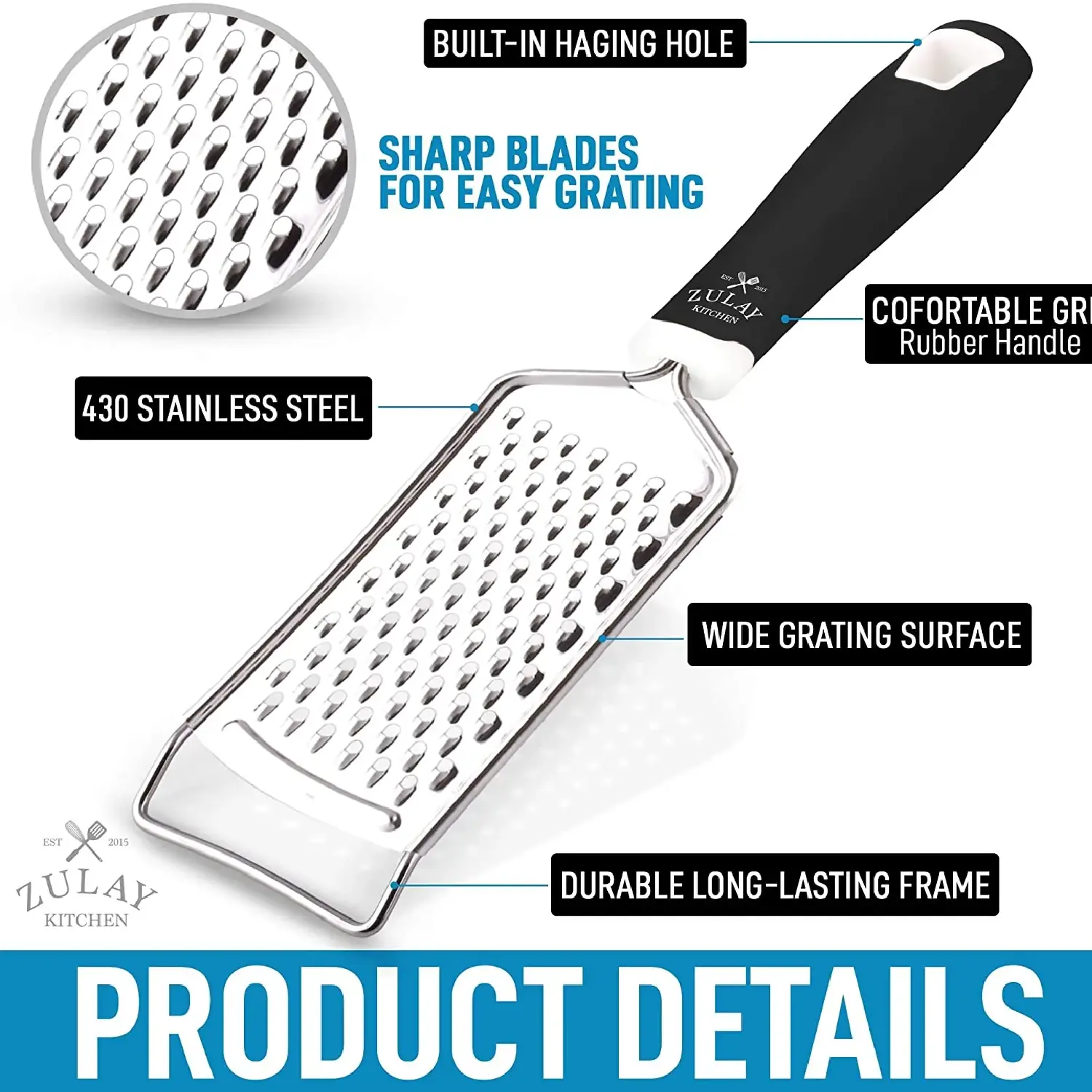 Zulay Kitchen Professional Stainless Steel Flat Handheld Cheese Grater