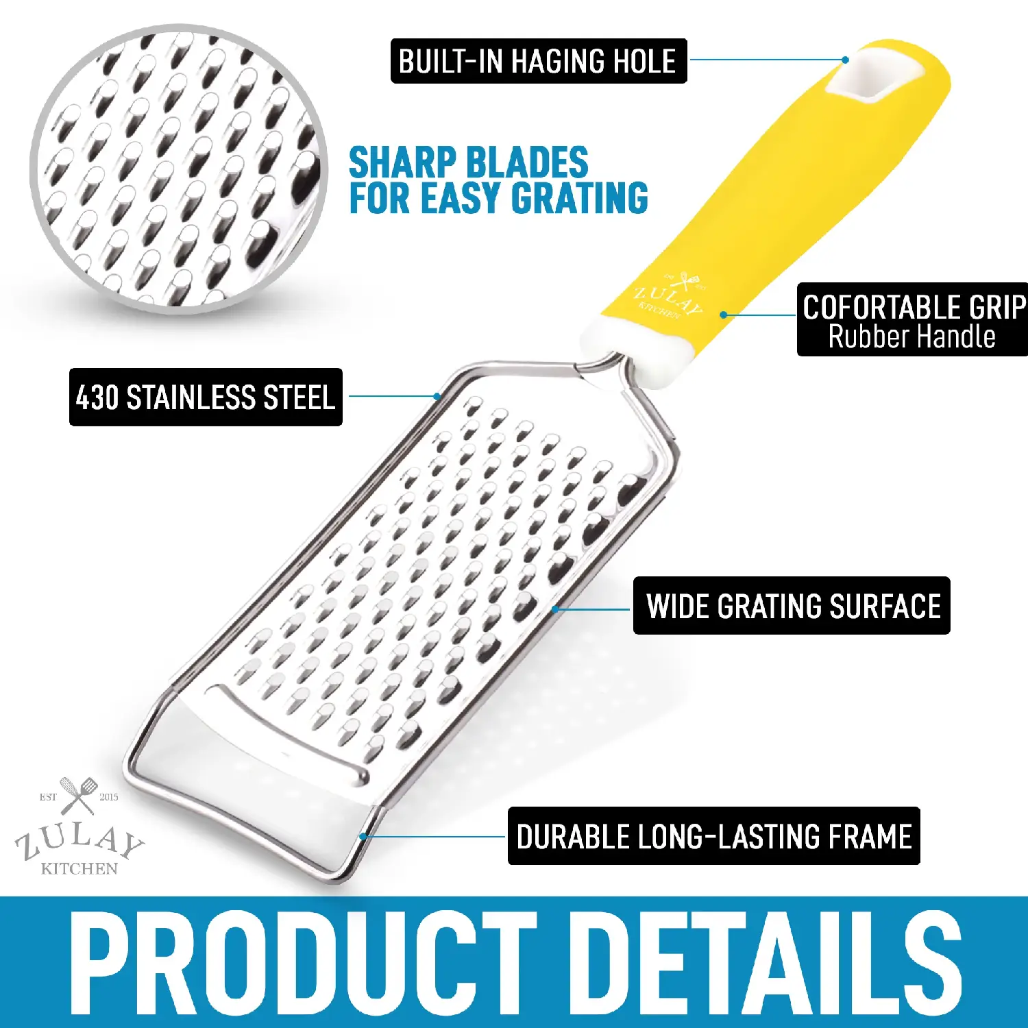 Zulay Kitchen Professional Stainless Steel Flat Handheld Cheese Grater