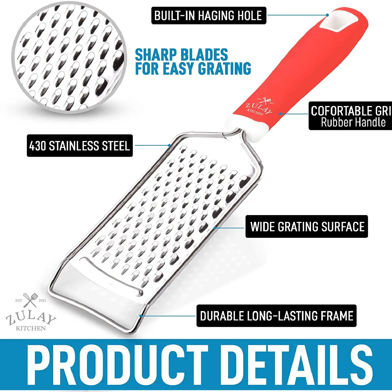 Zulay Kitchen Professional Stainless Steel Flat Handheld Cheese Grater