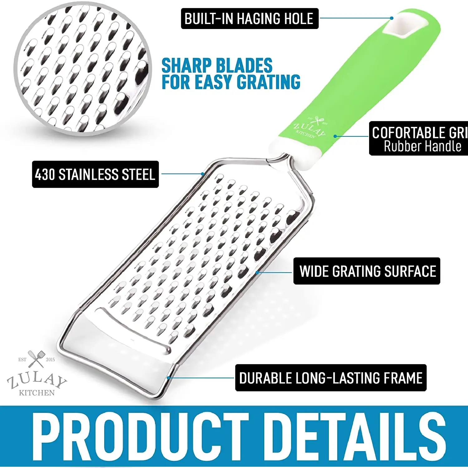 Zulay Kitchen Professional Stainless Steel Flat Handheld Cheese Grater