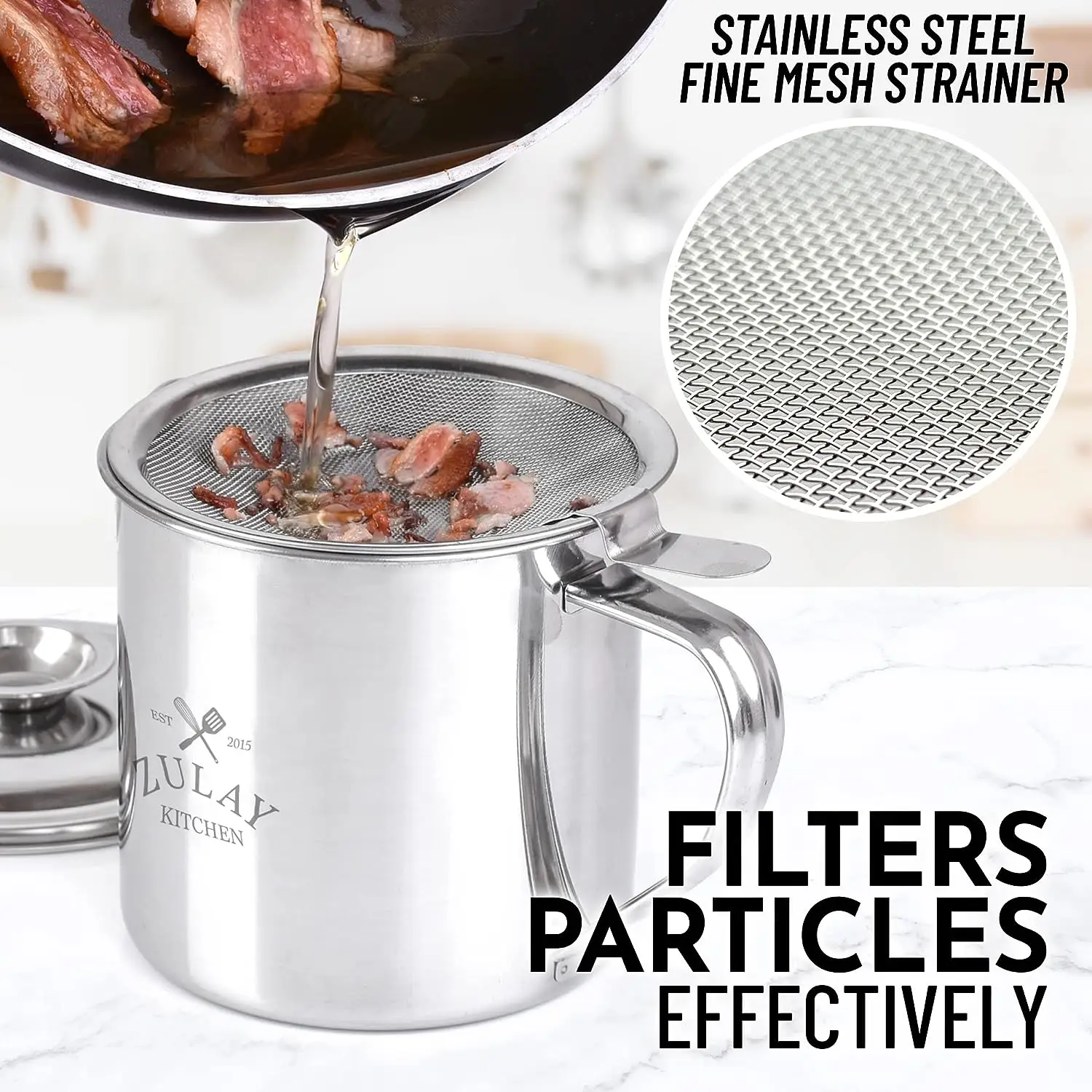 Bacon Grease Container With Strainer And Lid