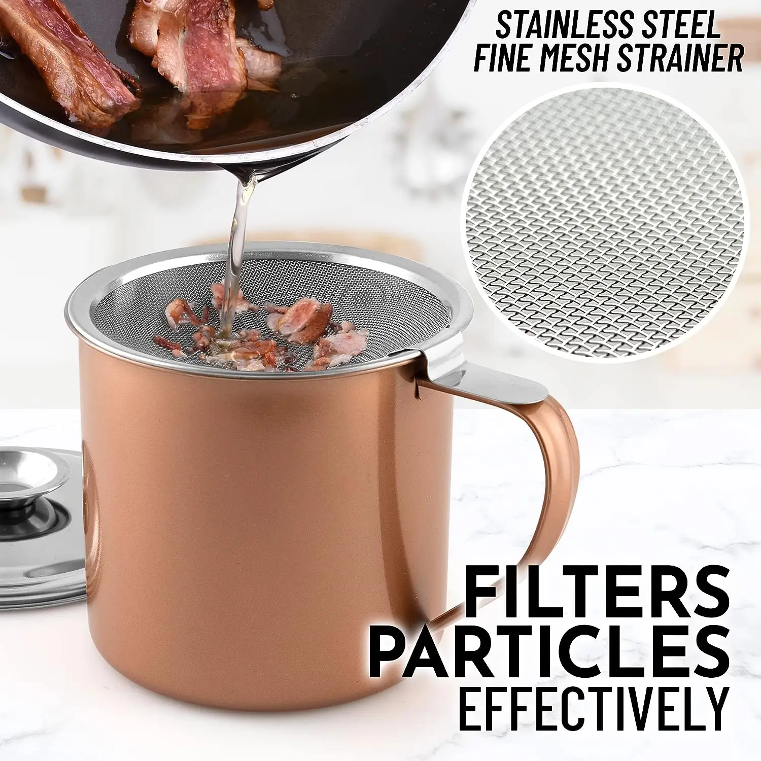 Bacon Grease Container With Strainer And Lid