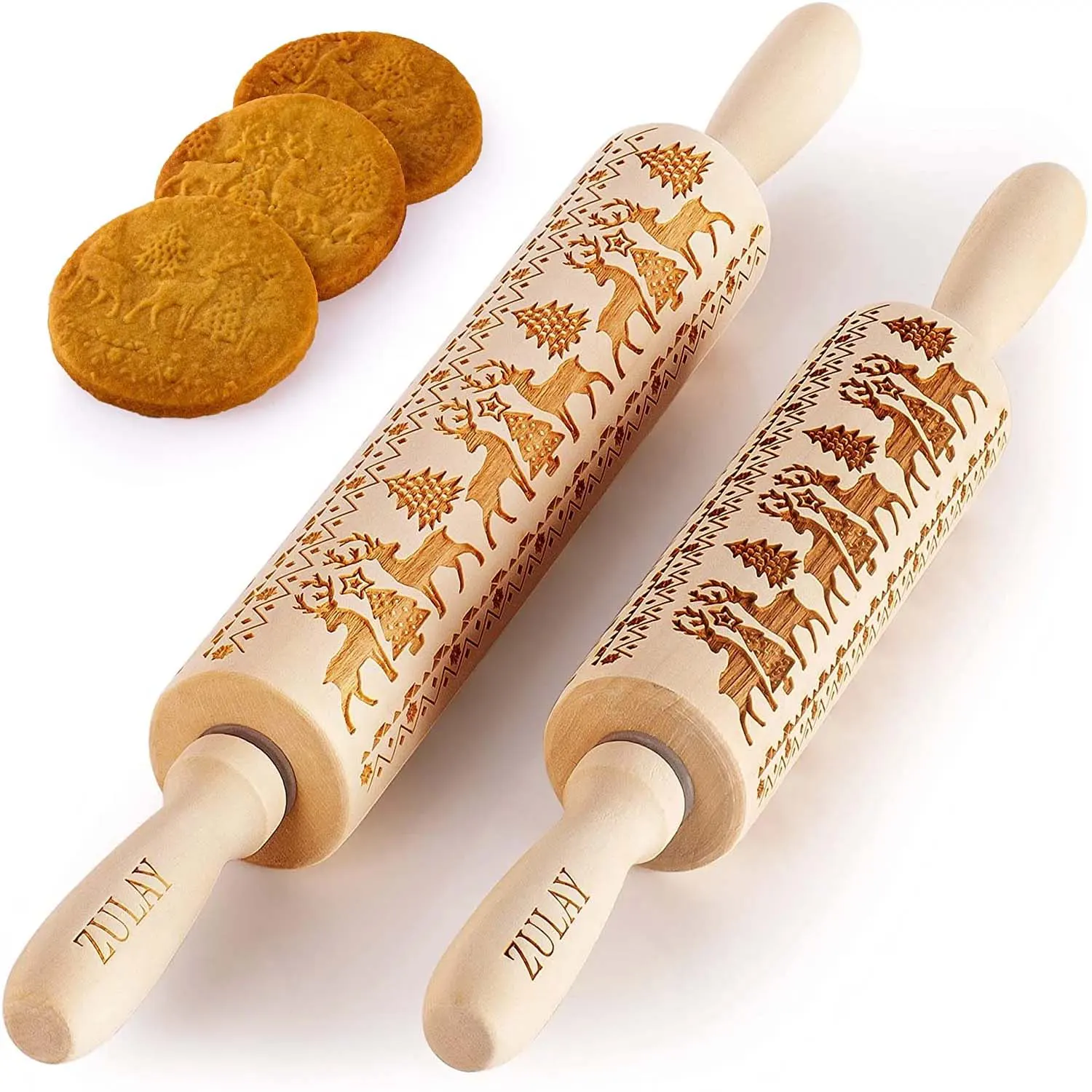 Wooden Carved Christmas Rolling Pin (Set Of 2)