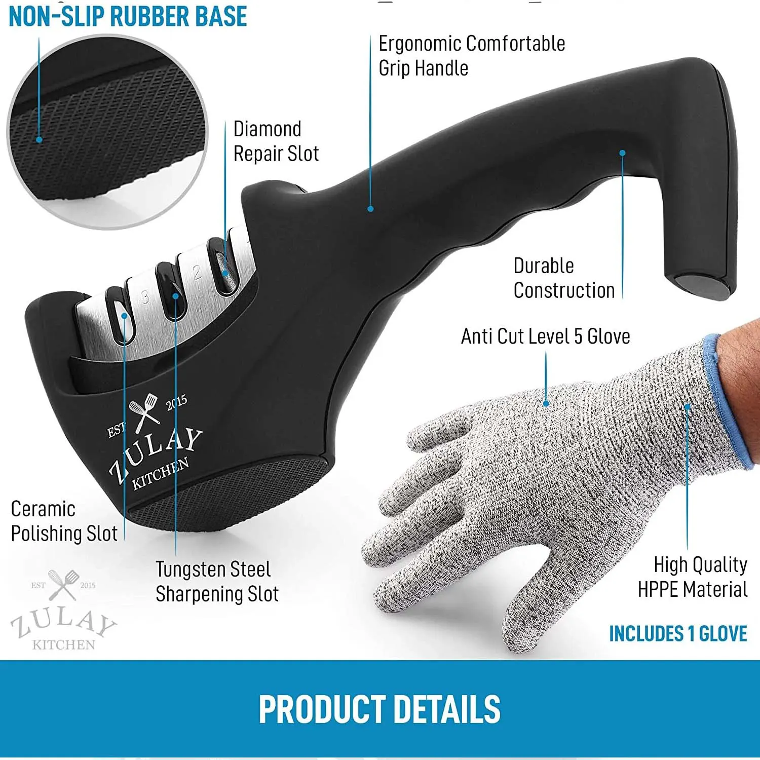 Zulay Kitchen 3 Stage Knife Sharpener And Cut-resistant Glove