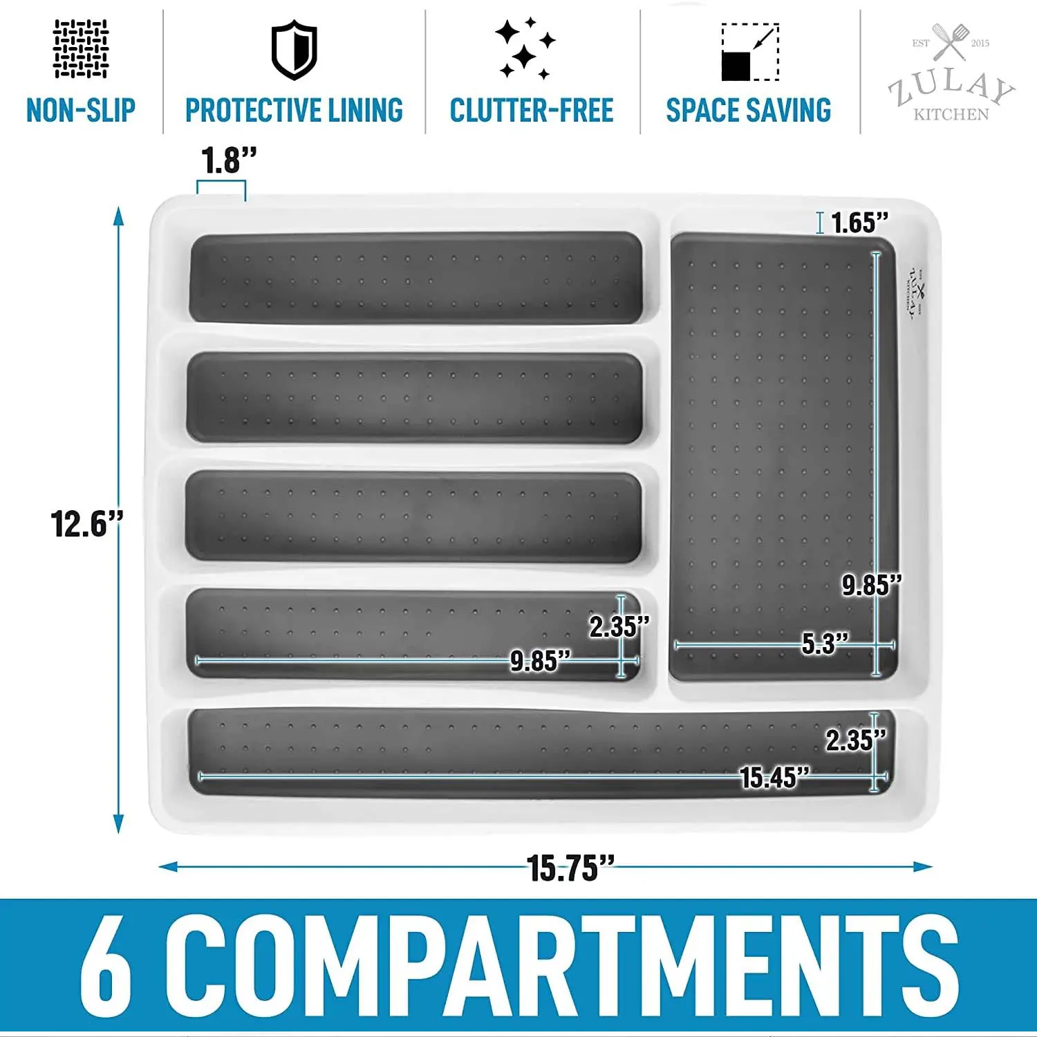 Silverware Organizer Tray - 6-compartment Non Slip Kitchen Utensil Organizer