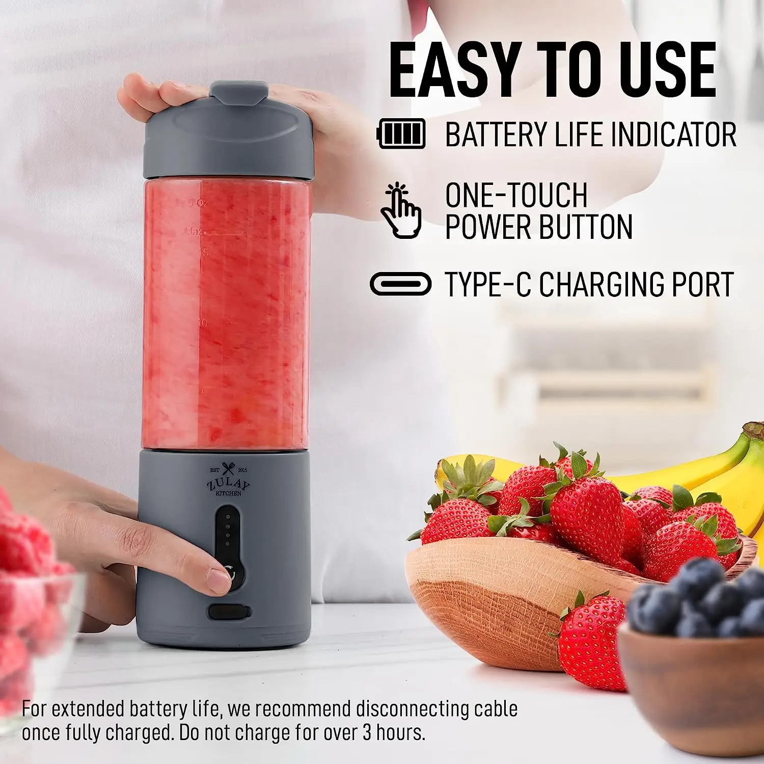 Zulay Kitchen 18 oz Personal Blenders that Crush Ice - USB-C Rechargeable Cordless Travel Blender