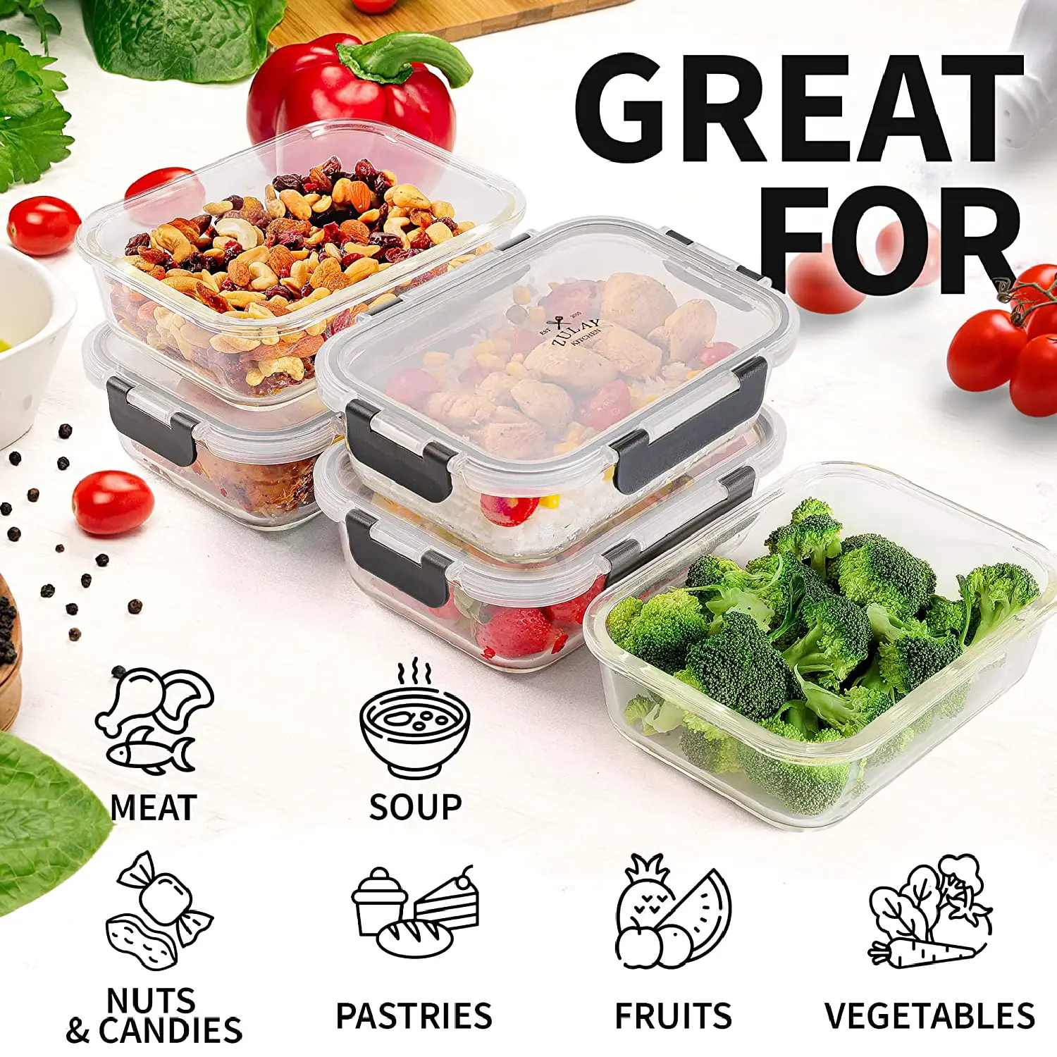 Snap Lock Glass Food Container with Lids (5-Pack)