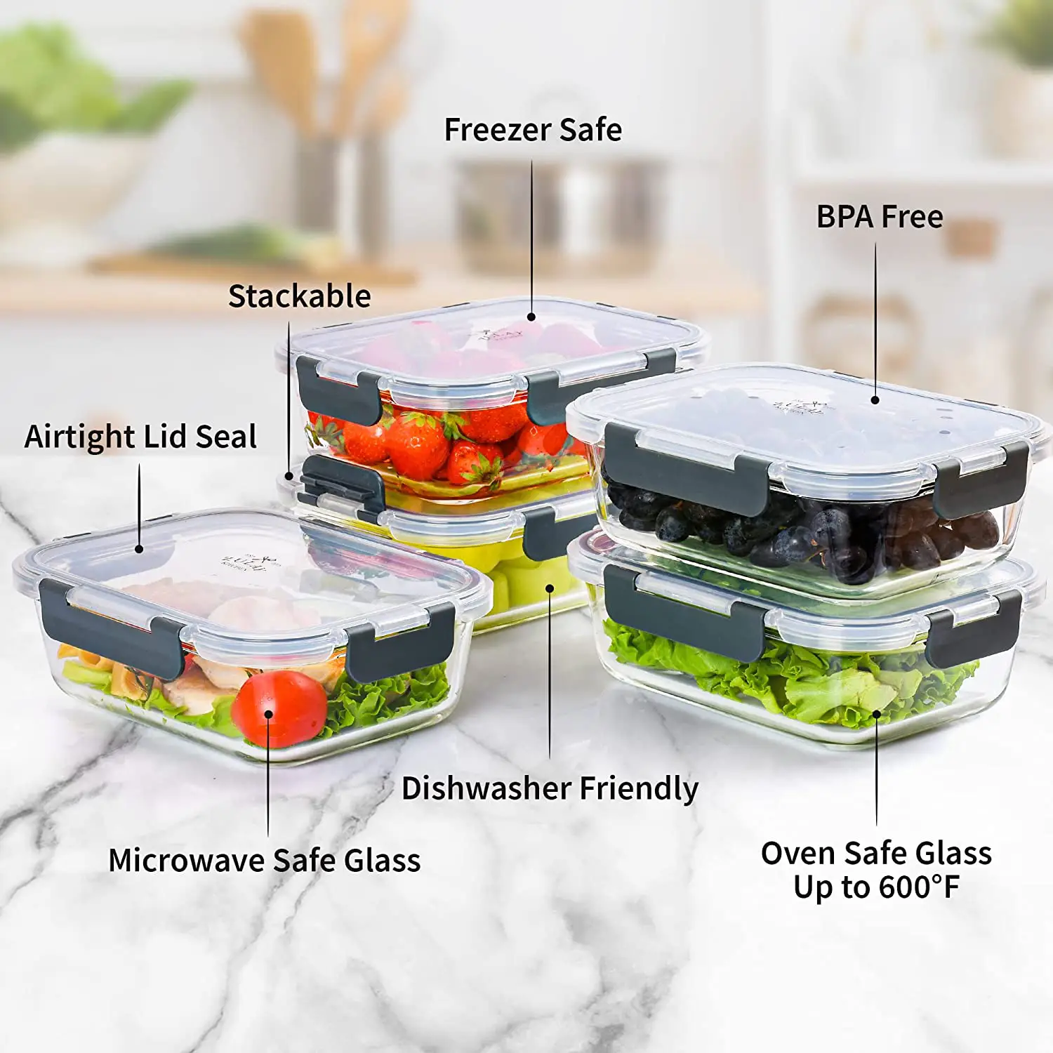 Snap Lock Glass Food Container with Lids (5-Pack)