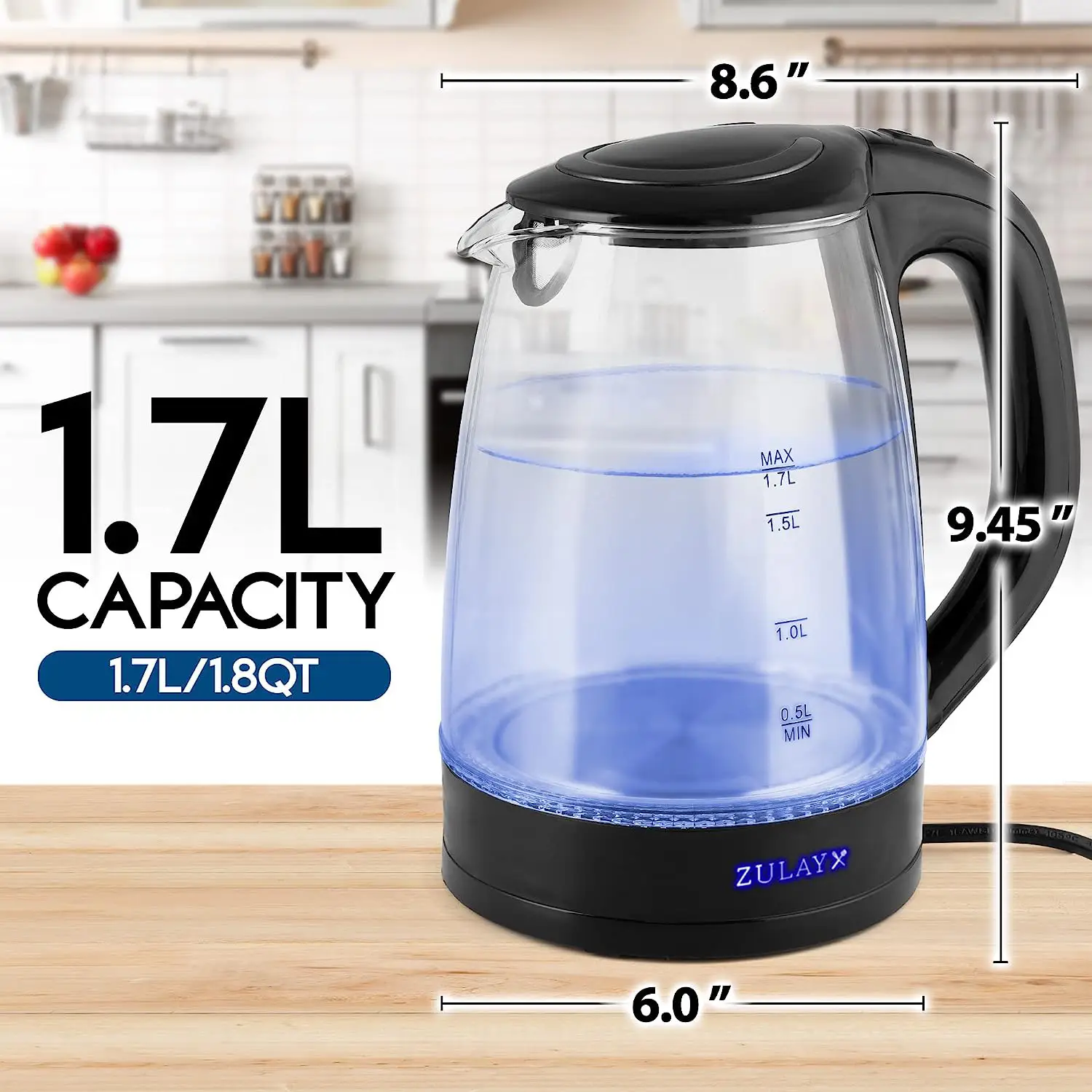 Zulay 1.7L Glass Electric Kettle with Blue LED Light