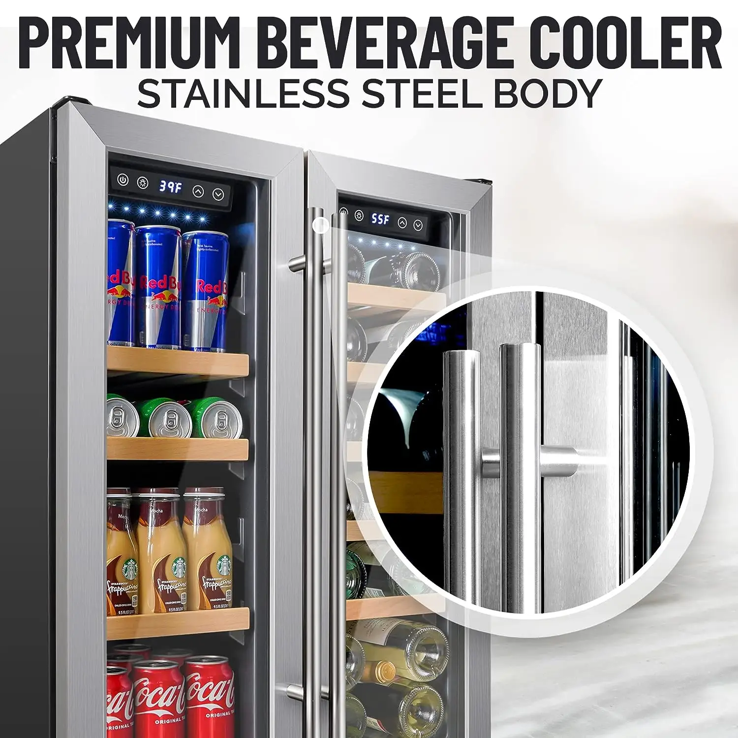 Zulay  Dual Zone Wine Cooler Refrigerator - Stainless Steel Beverage Refrigerator with Glass