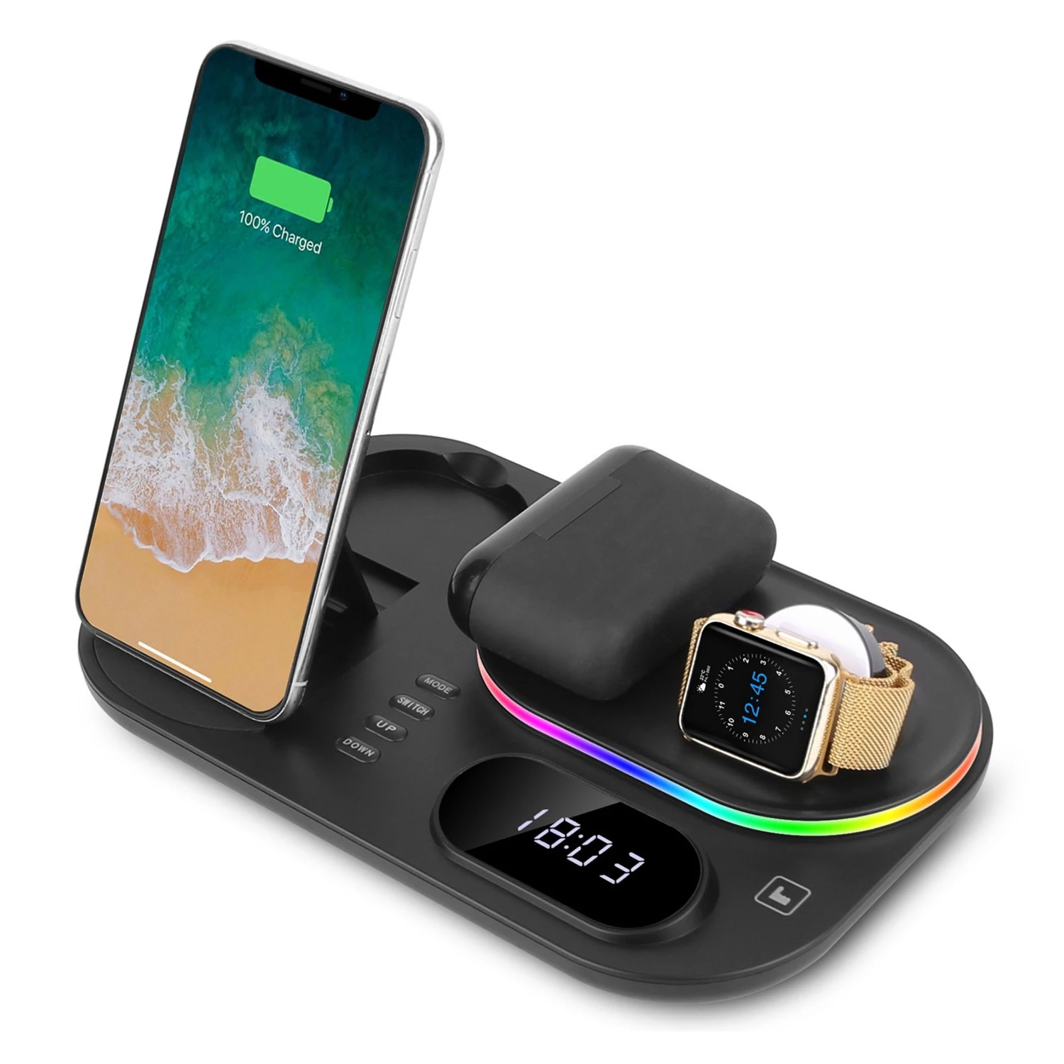 4-in-1 30W Wireless Charger Stand with Clock Nightlight for iWatch Airpod iPhone 13 12 11 Pro Samsun