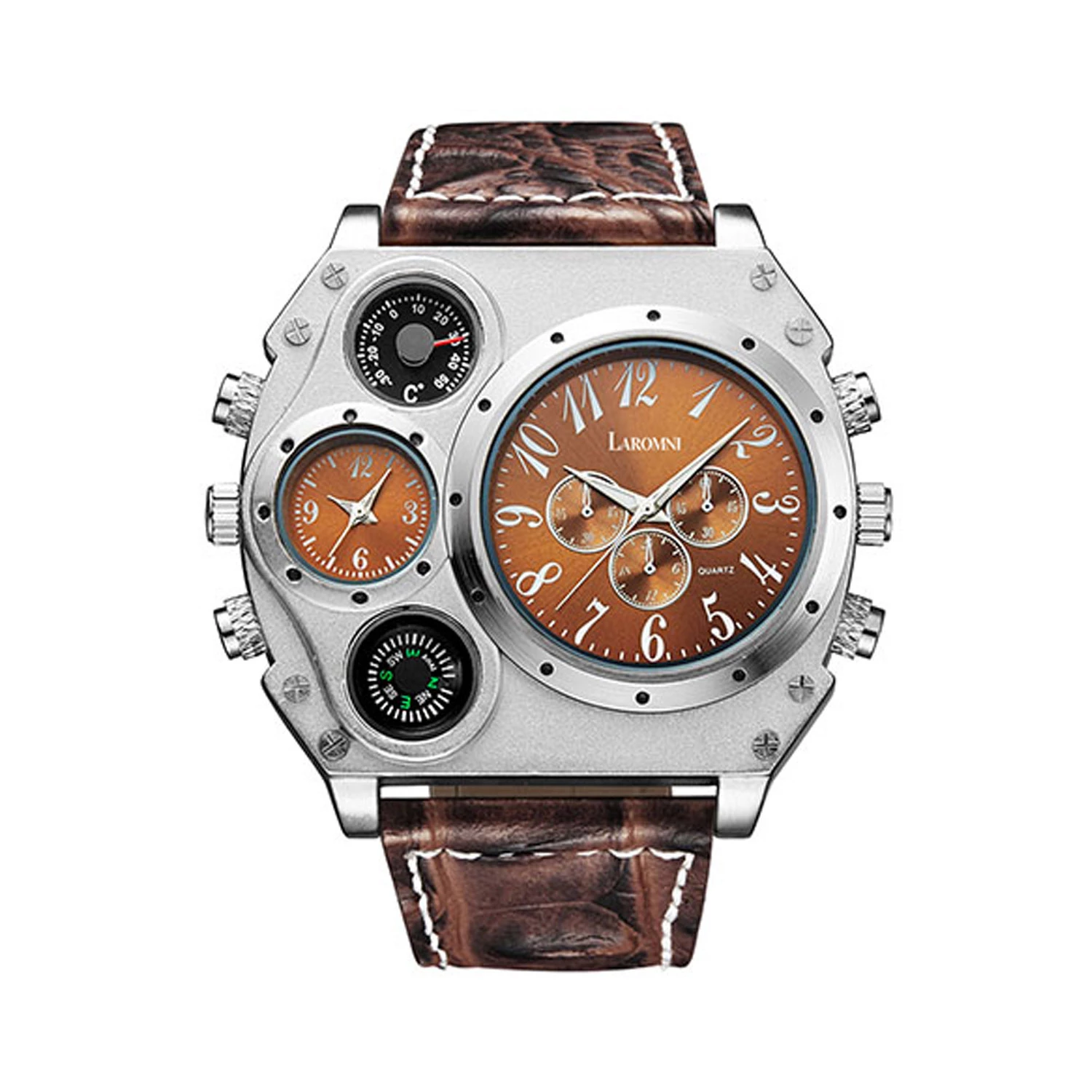 Men’s Quartz Watch Two Time Zone Big Face Military Style Compass Thermometer Decorative Dial PU Leat