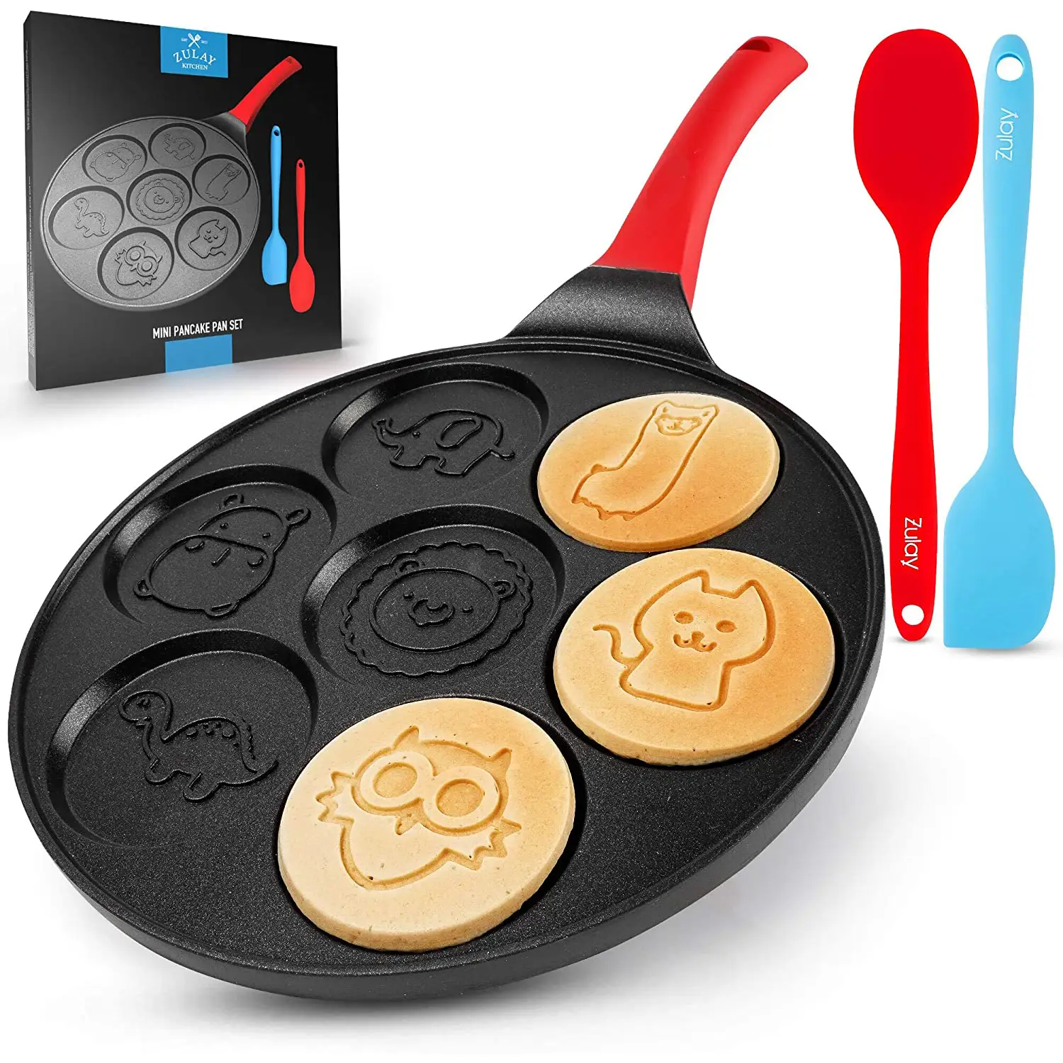 Pancake Pan With 7 Animal Face Designs Plus 2 Bonus Spatulas