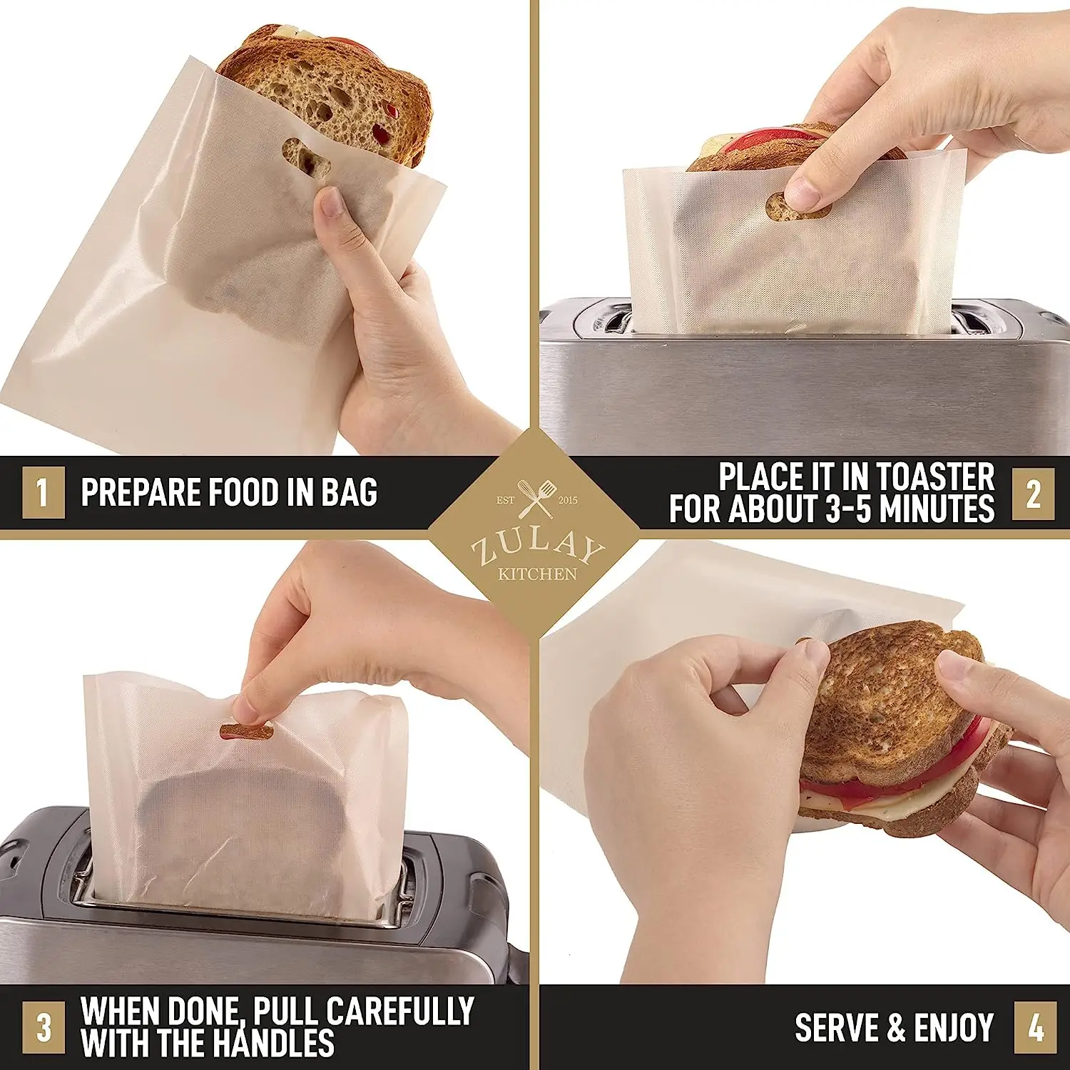 Zulay Kitchen Reusable Toaster Bags For Grilled Cheese Sandwiches - Non Stick Grilled Cheese Toaster