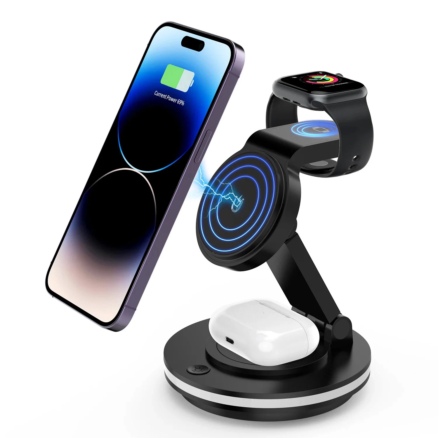 Foldable 4-in-1 Magnetic Wireless Charging Station with 7-Color Night Light for iPhone, Apple Watch 