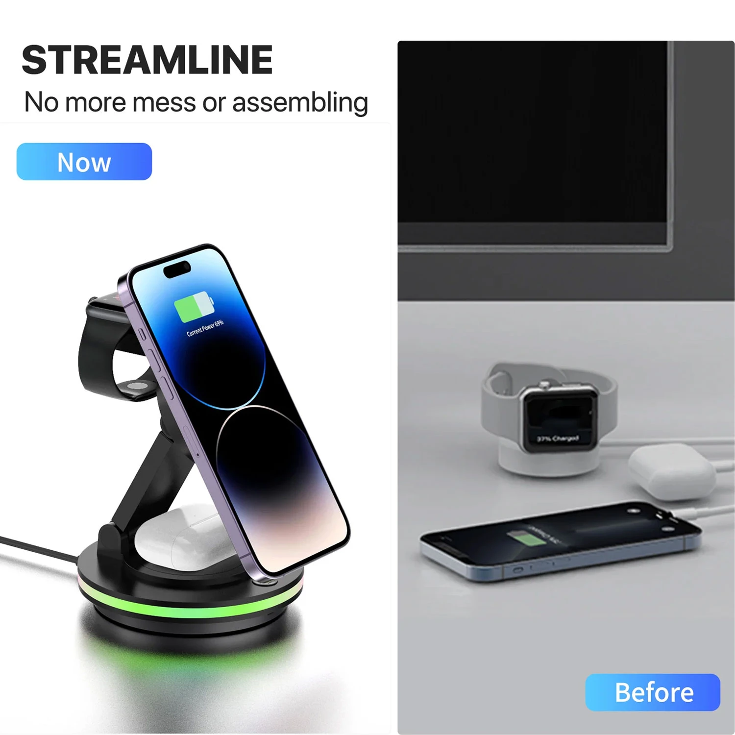 Foldable 4-in-1 Magnetic Wireless Charging Station with 7-Color Night Light for iPhone, Apple Watch 